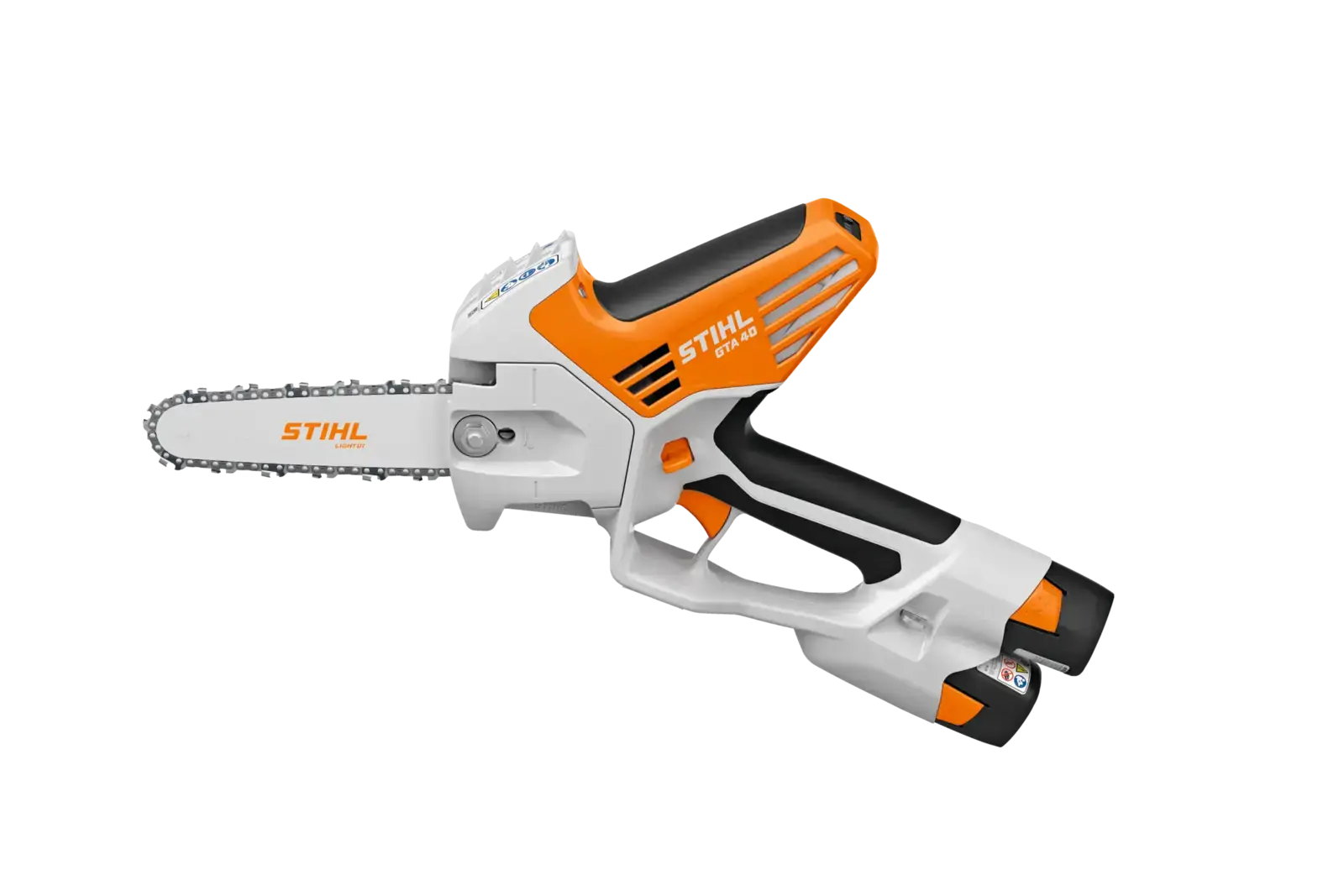 STIHL GTA 40 Akku-Gehölzschneider in Weiß und Orange, Nahaufnahme. Kompakte Akku-Kettensäge für Gartenarbeiten.