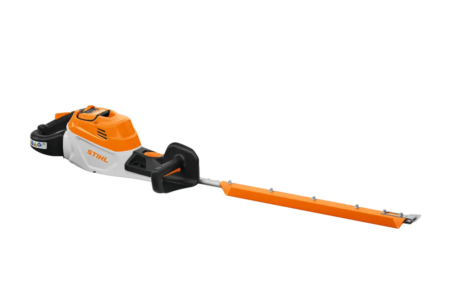 STIHL HSA 150 T Akku-Heckenschere, orange-weiß, mit langem Schneidwerkzeug vor schwarzem Hintergrund. Detailaufnahme.
