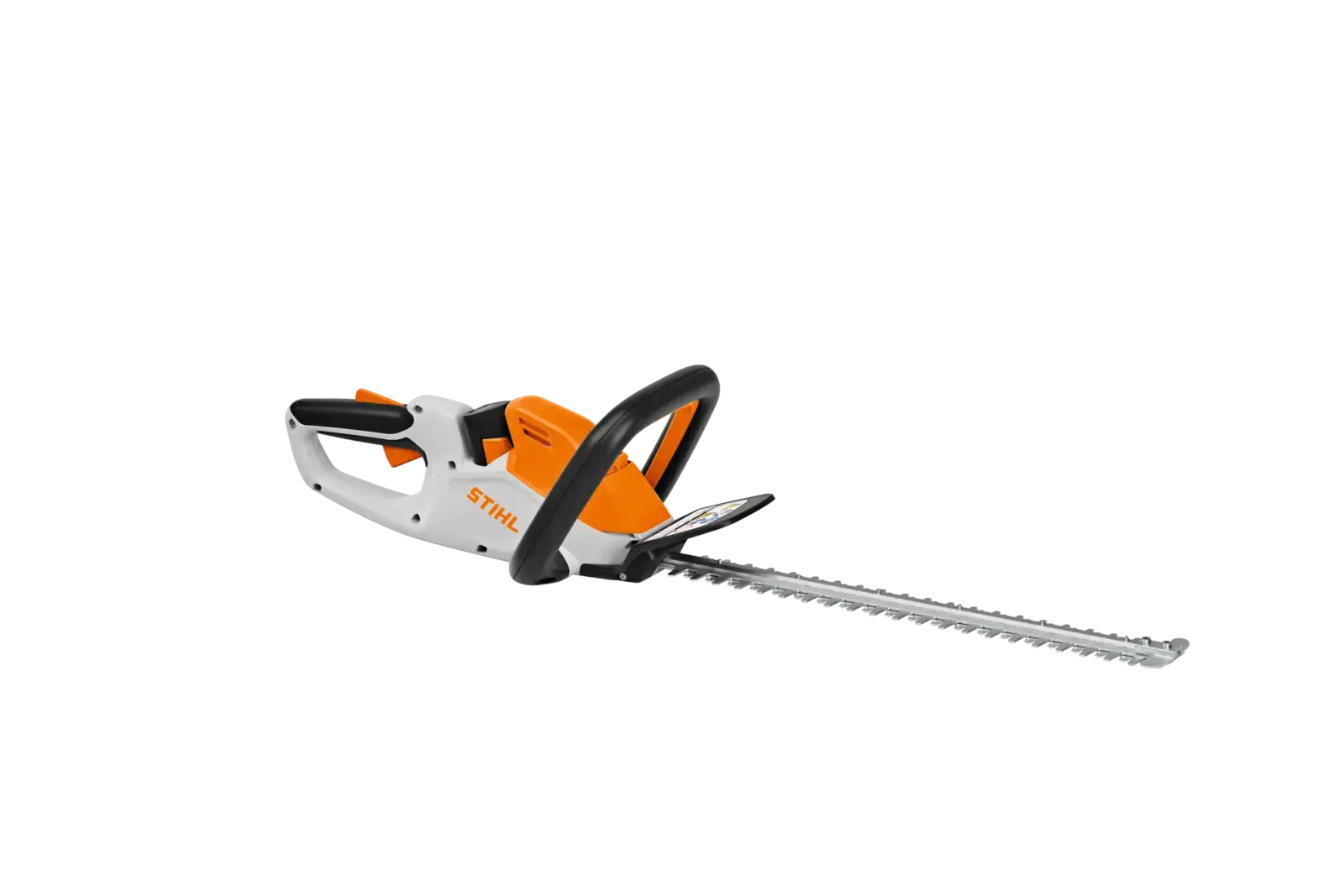 STIHL HSA 30 Akku-Heckenschere in Weiß und Orange. Seitenansicht der Heckenschere vor schwarzem Hintergrund. Akkubetrieben und leicht.