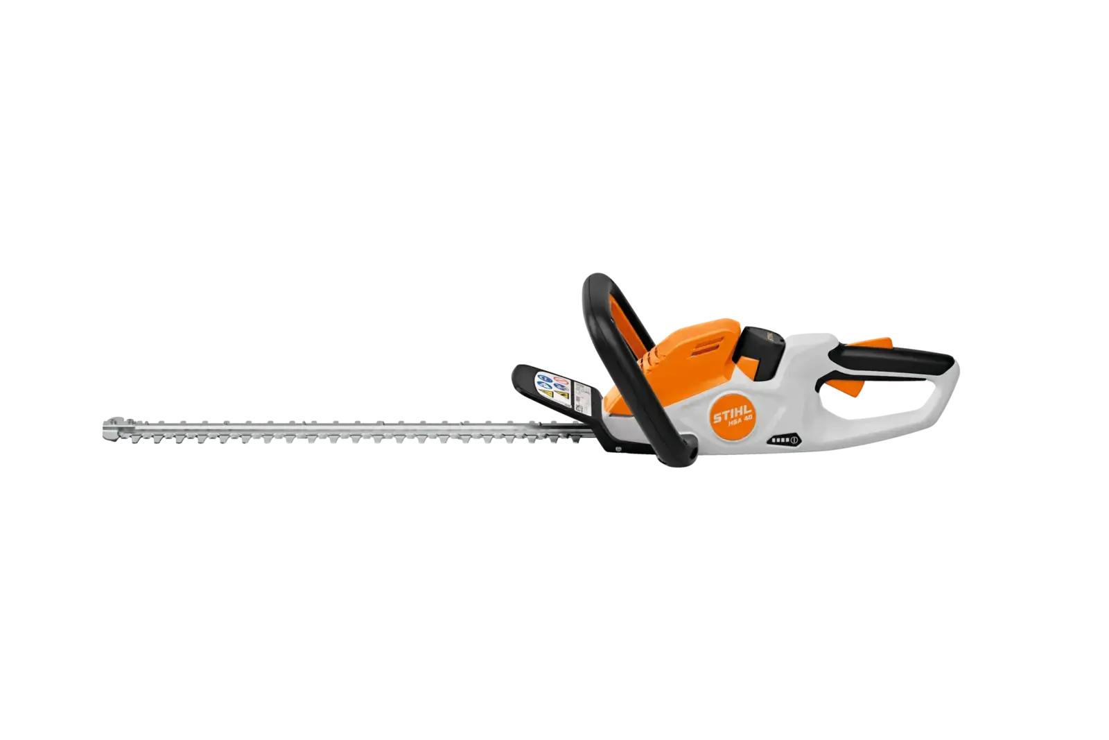 STIHL HSA 40 Akku-Heckenschere, orange-weiß, mit langem Schneidmesser, ideal für präzise Heckenschnitte im Garten.