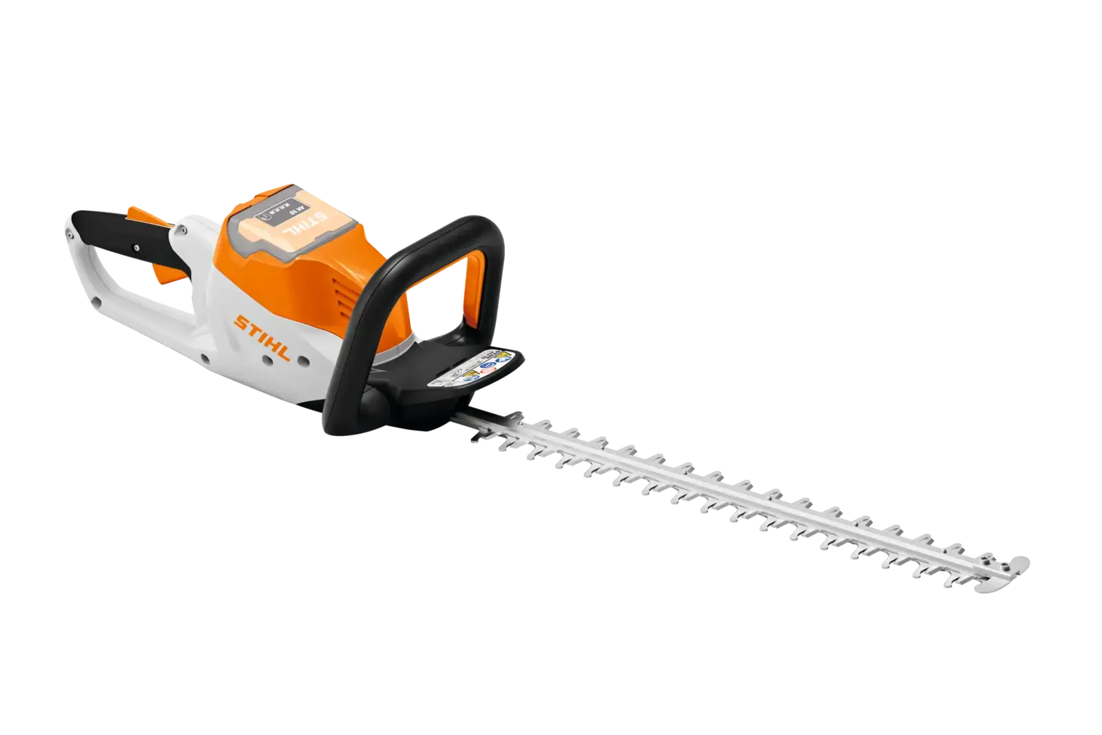STIHL HSA 50 Akku-Heckenschere, orange-weiß, mit scharfen Messern, auf schwarzem Hintergrund.