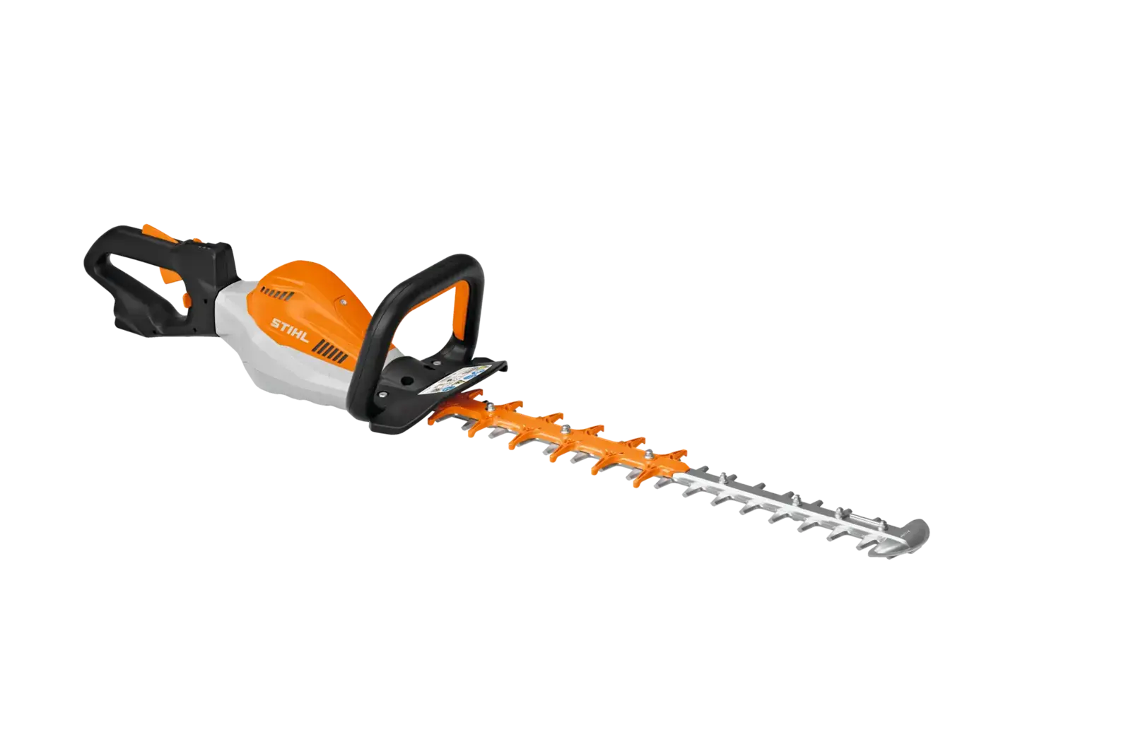 STIHL HSA 130 R Akku-Heckenschere, orange und schwarz, für professionelle Gartenarbeit und Heckenschnitt, freigestellt auf schwarzem Hintergrund.