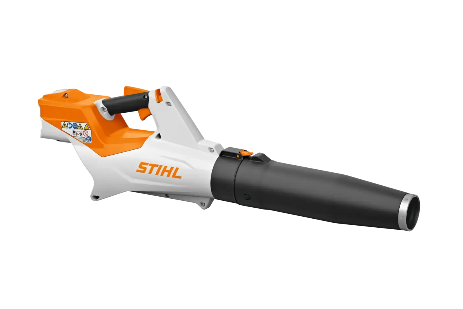 STIHL BGA 60 Akku-Laubbläser in Weiß und Orange, seitliche Ansicht. Kraftvolles Gartengerät für Laubentfernung.