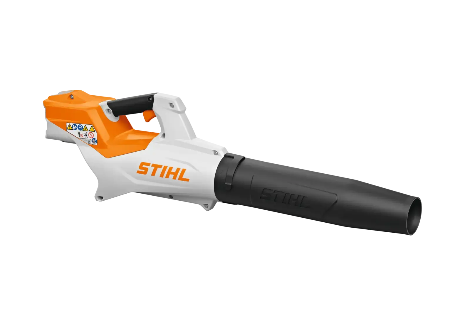 Der STIHL BGA 50 Akku-Laubbläser in Orange und Weiß, seitliche Ansicht auf schwarzem Hintergrund. Kompaktes und ergonomisches Design.