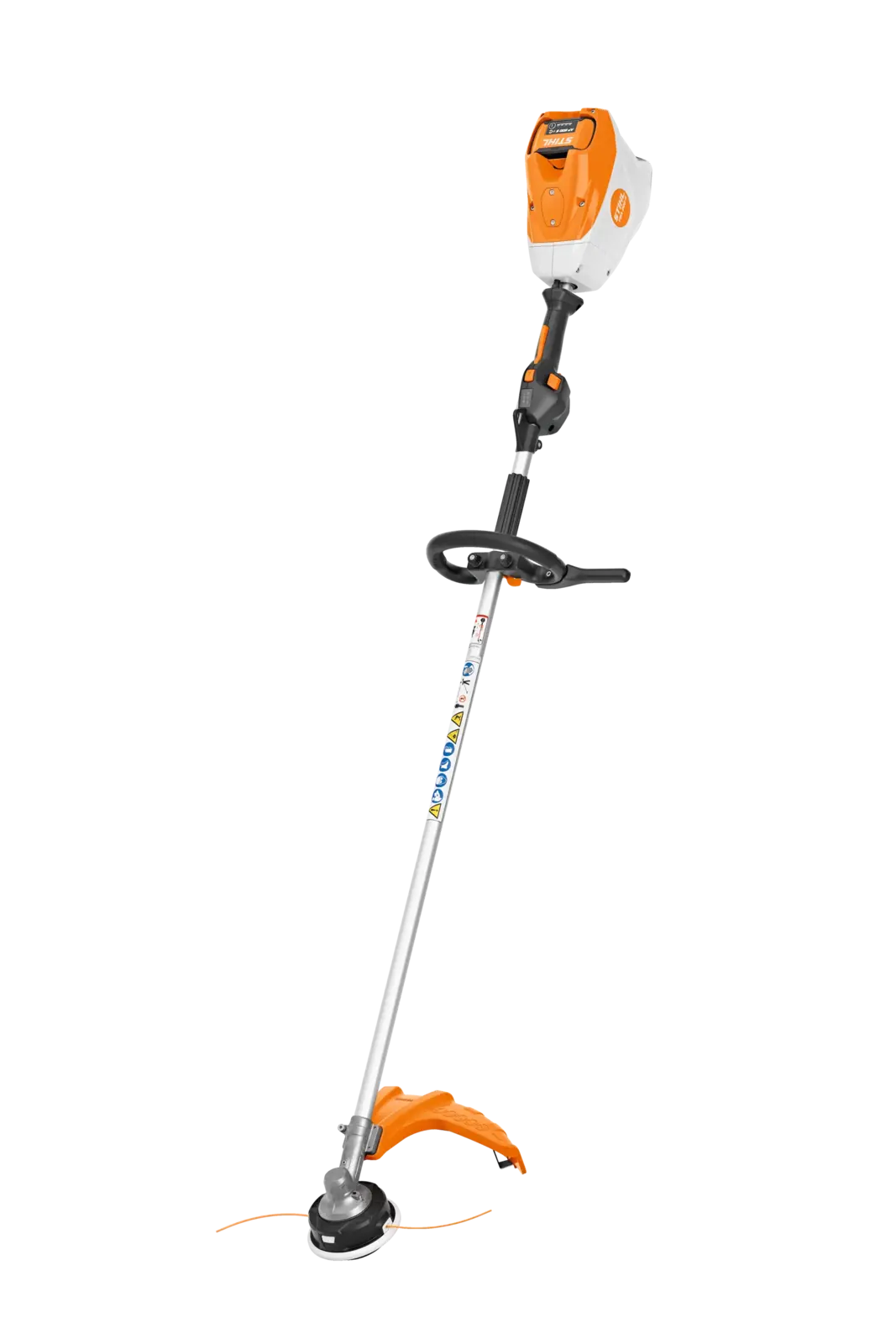 STIHL FSA 200 R Akku-Motorsense: Orange-weißes Profigerät für Garten- und Landschaftsbau auf schwarzem Hintergrund.