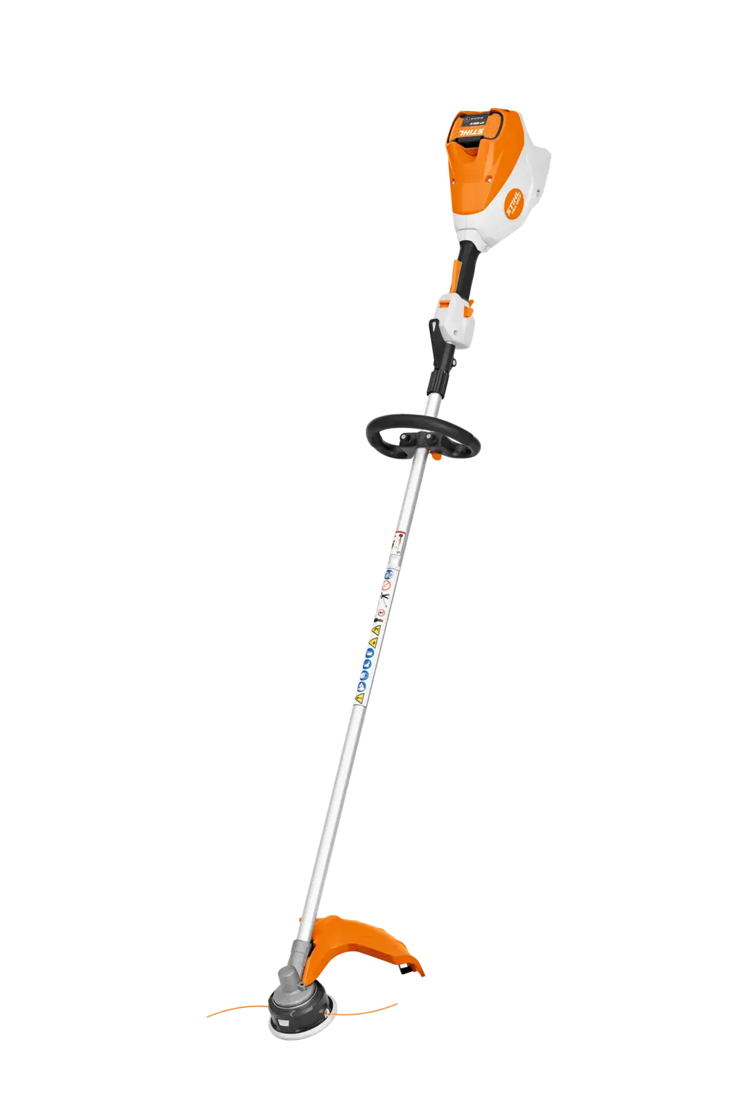 STIHL FSA 120 R Akku-Motorsense, orange und weiß, freistehend vor schwarzem Hintergrund, für Rasenpflege und Gartenarbeiten.