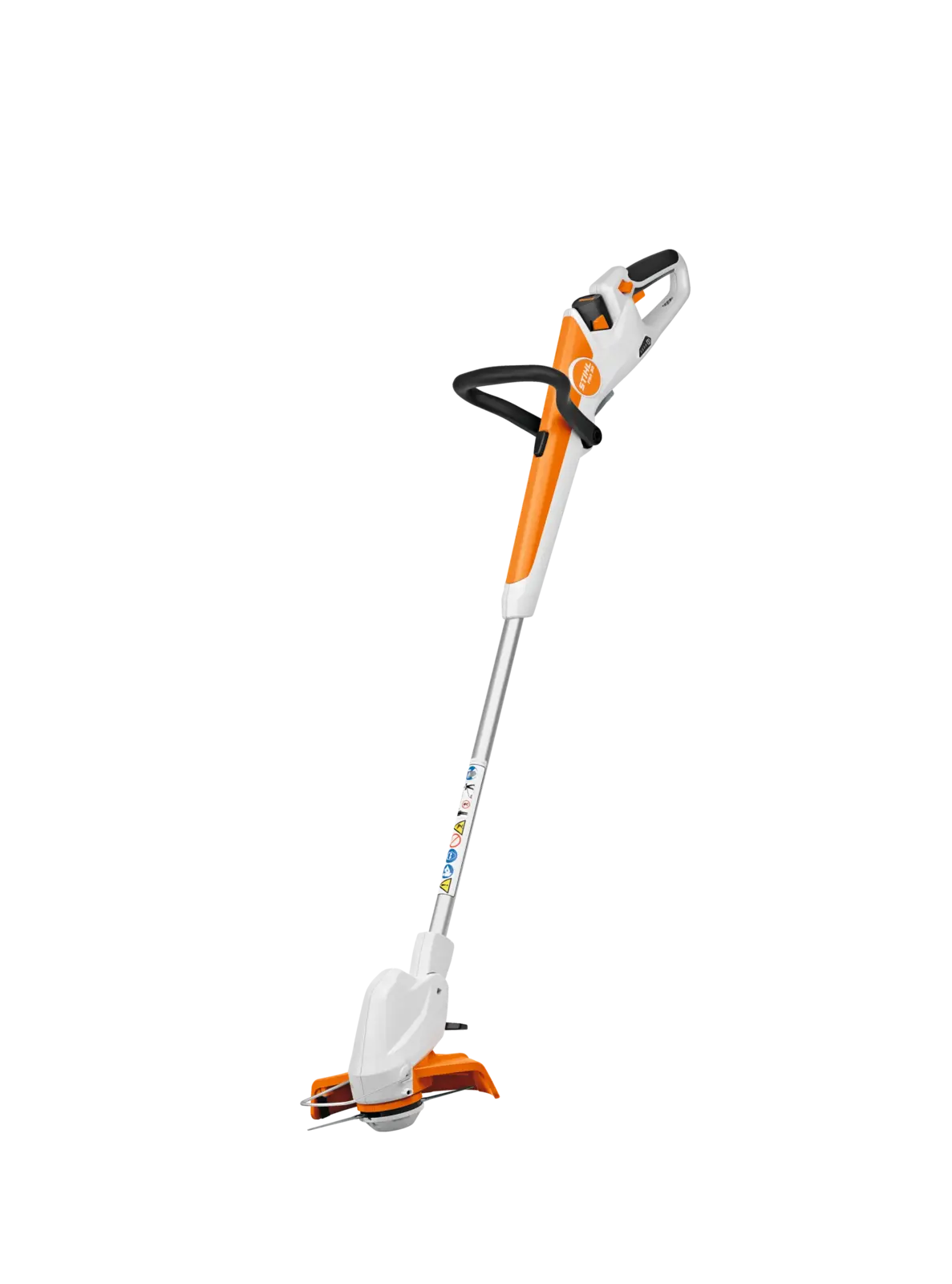 STIHL FSA 30 Akku Rasentrimmer in Orange und Weiß vor schwarzem Hintergrund. Leichtes, kabelloses Gerät für präzise Gartenarbeit.