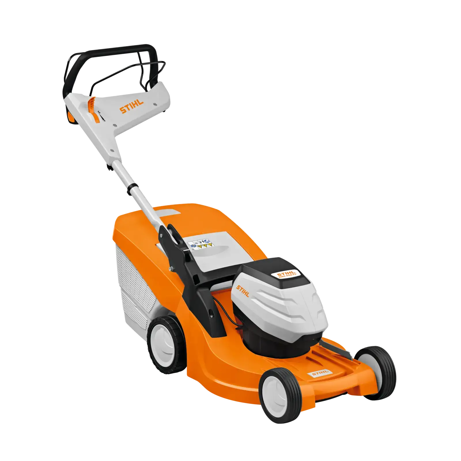 STIHL Akku-Rasenmäher RMA 448 V in Orange und Weiß. Ansicht von schräg oben auf schwarzem Hintergrund.