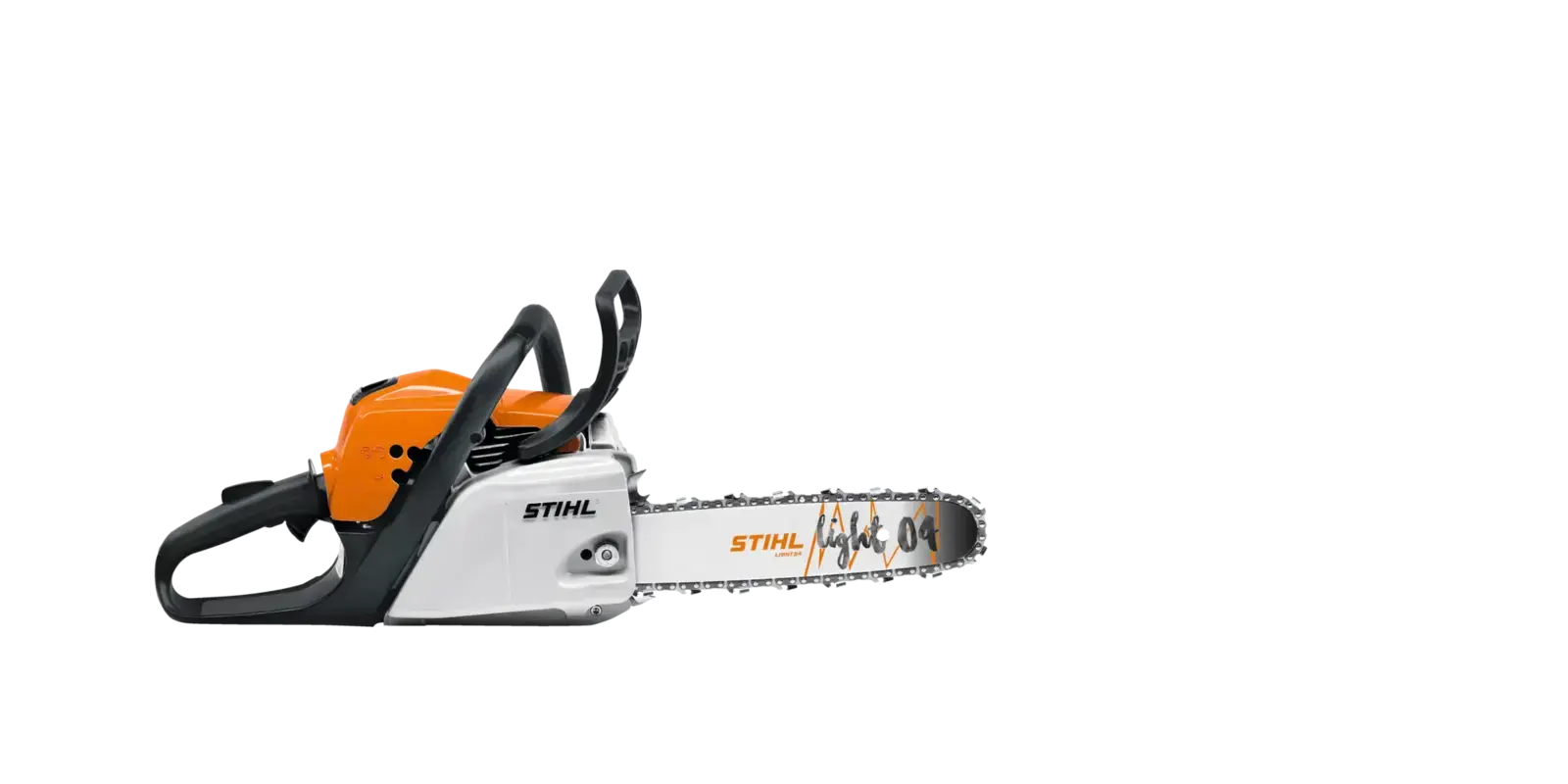 STIHL MS 211 C-BE Motorsäge, orange und weiß, seitliche Ansicht auf schwarzem Hintergrund. Leicht zu starten und komfortabel.