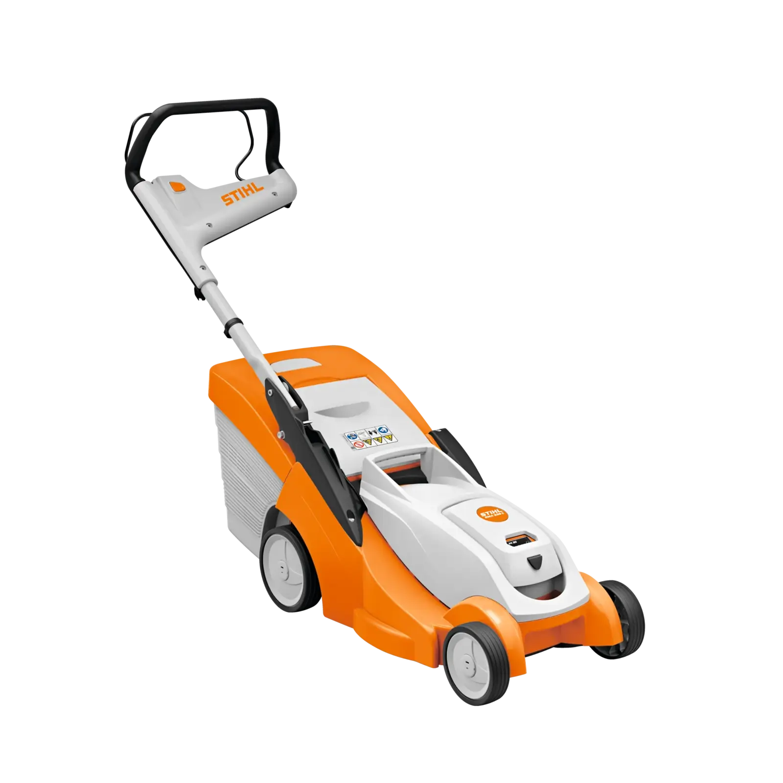 STIHL RMA 239 C Akku-Rasenmäher in Orange und Weiß, seitliche Ansicht. Benutzerfreundlich, leise und kabellos für Gärten.