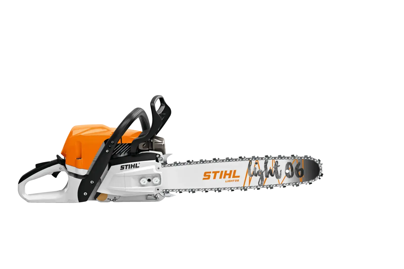 STIHL MS 400 C-MVW Motorsäge, Seitenansicht. Orange und weiße Farbakzente. Perfekt für anspruchsvolle Forstarbeiten.