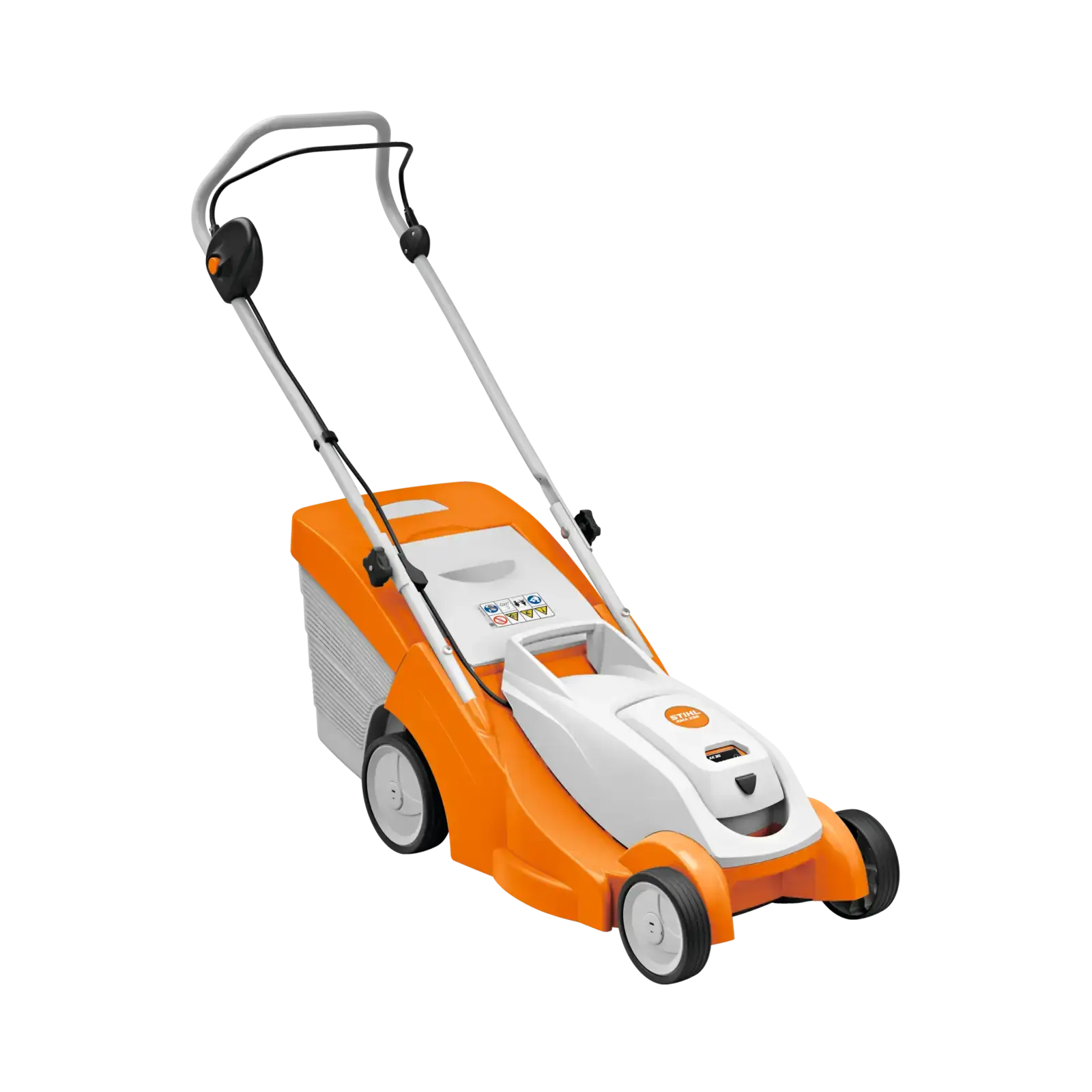 STIHL RMA 239 Akku-Rasenmäher in Orange und Weiß, seitliche Ansicht auf schwarzem Hintergrund. Gartengerät für Rasenpflege.
