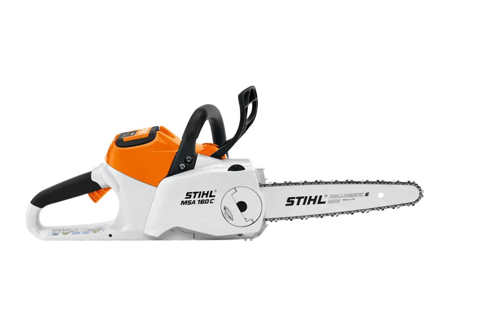 STIHL MSA 160 C-B Akku-Motorsäge in Orange und Weiß. Detailaufnahme der Motorsäge von STIHL. Gut für Garten- und Holzarbeiten.