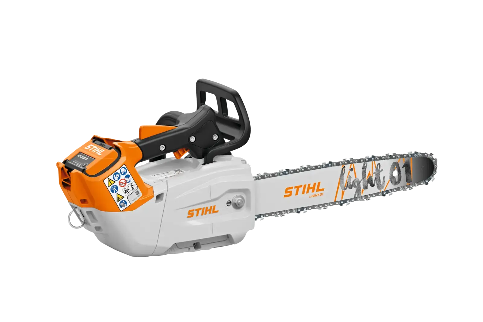 STIHL MSA 190 T Akku-Kettensäge, orange und weiß, für professionelle Baumpflege mit Light 01 Schwert, im Profil auf schwarzem Hintergrund.