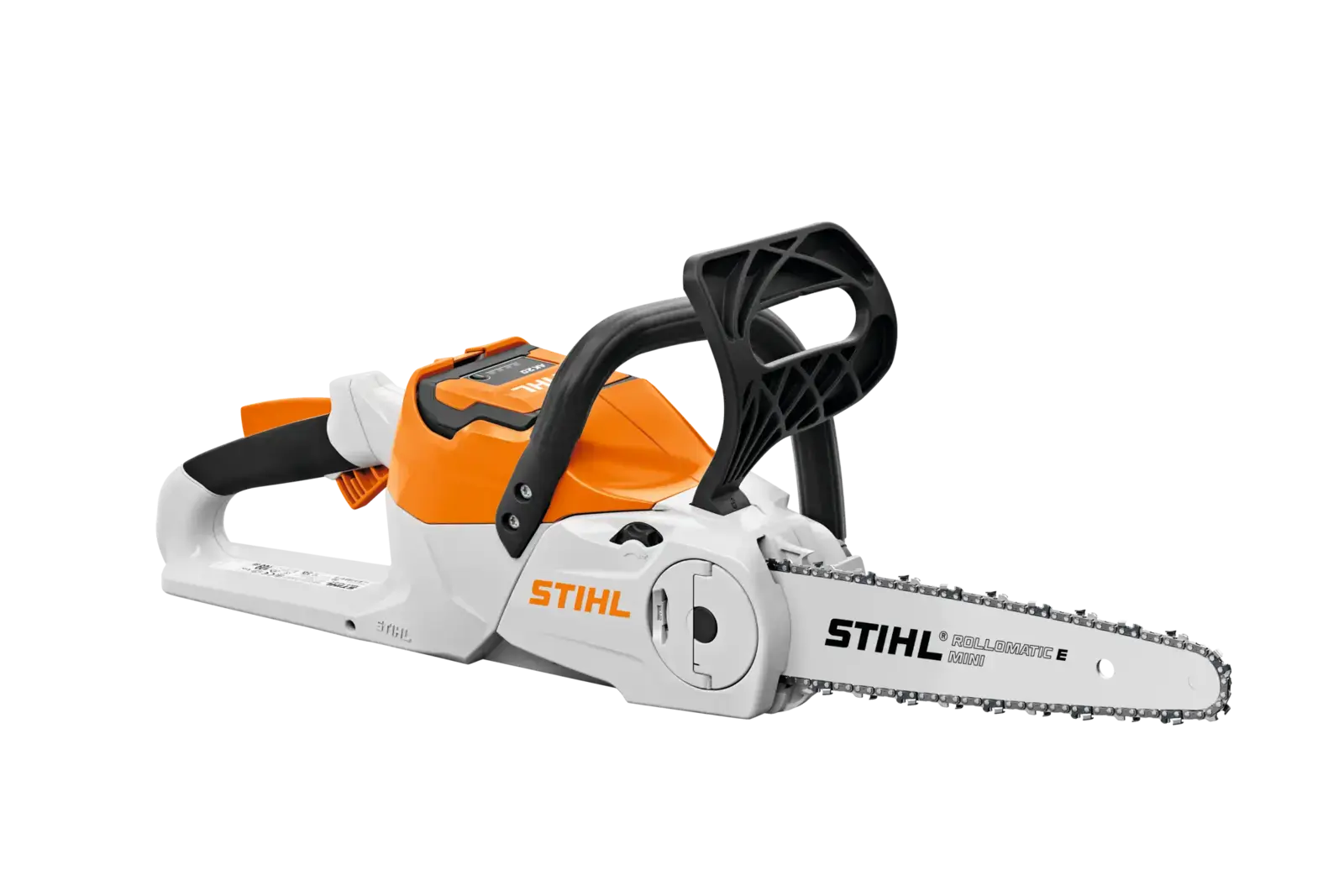 STIHL MSA 70 C-B Akku-Motorsäge, orange-weiß, mit Rollomatic E Mini Schwert, seitliche Ansicht auf schwarzem Hintergrund.