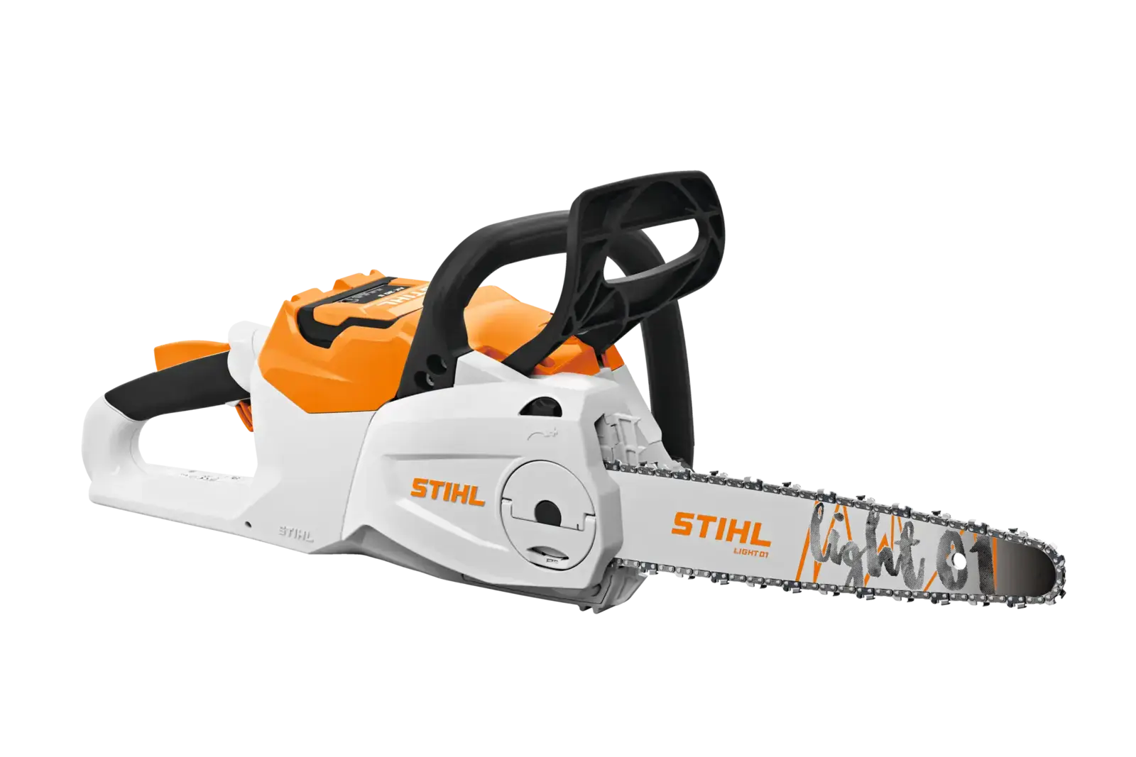 STIHL MSA 80 C-B Akku-Kettensäge in Orange und Weiß, seitliche Ansicht. Eine leichte und handliche Motorsäge für den Garten.