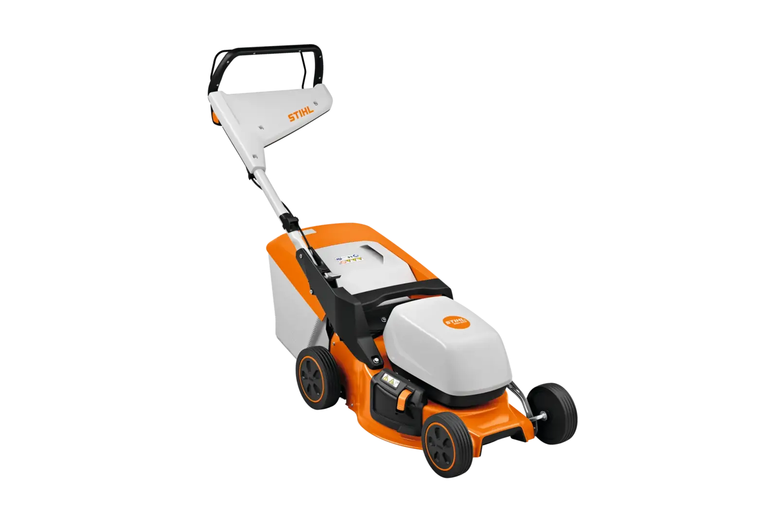 STIHL RMA 243 Akku-Rasenmäher in Orange und Weiß, freigestellt auf schwarzem Hintergrund, ideal für Rasenpflege im Garten.