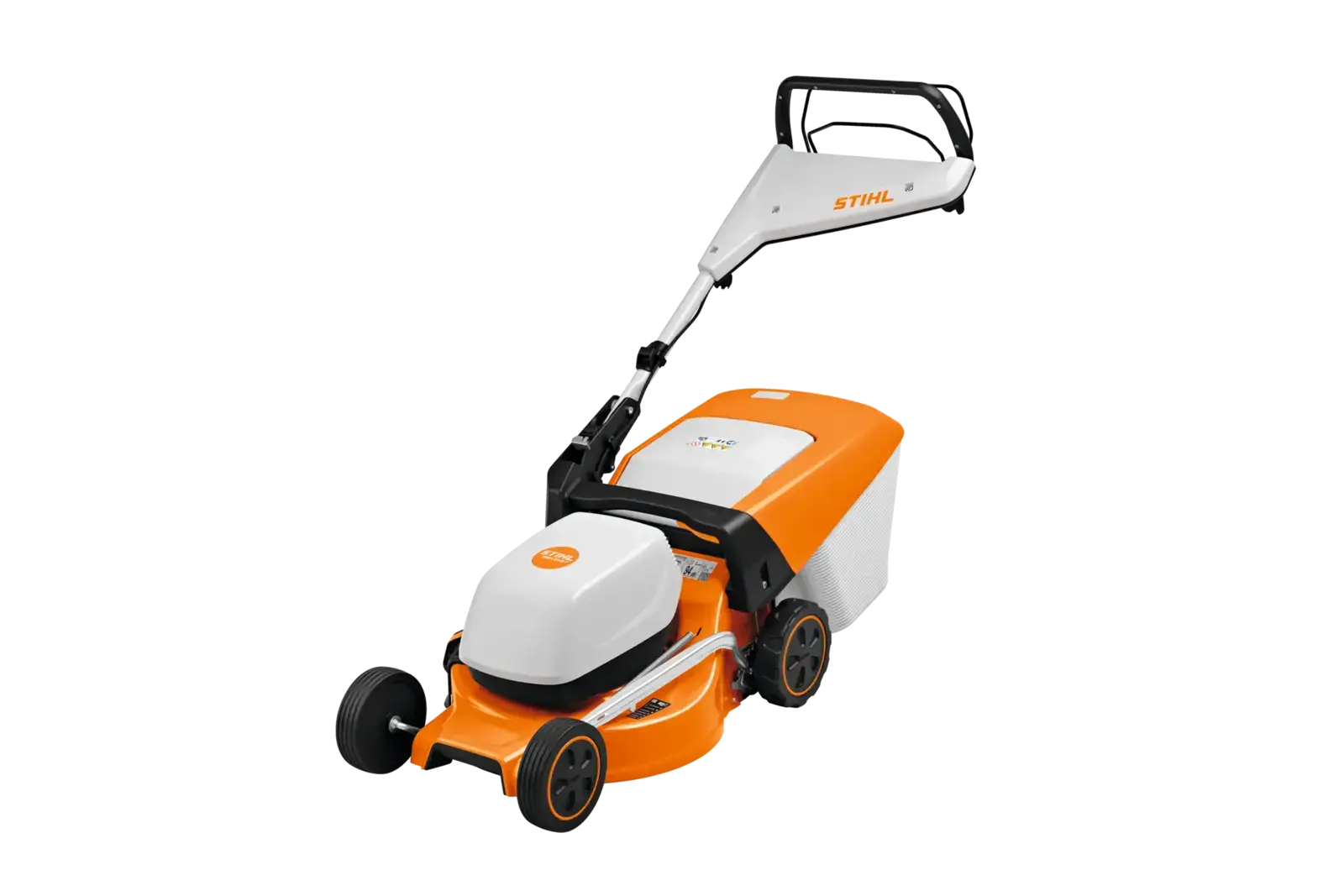 STIHL RMA 248 T Akku-Rasenmäher in Orange und Weiß vor schwarzem Hintergrund, mit Fangkorb und Akku für kabelloses Rasenmähen.