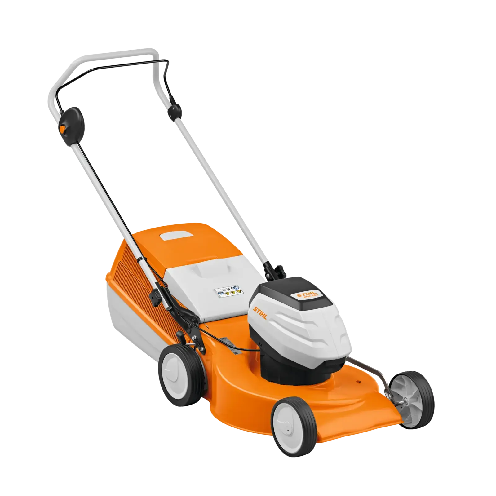 STIHL RMA 253 Akku-Rasenmäher, orange und weiß, mit Grasfangkorb, für leises und effizientes Rasenmähen im Garten.