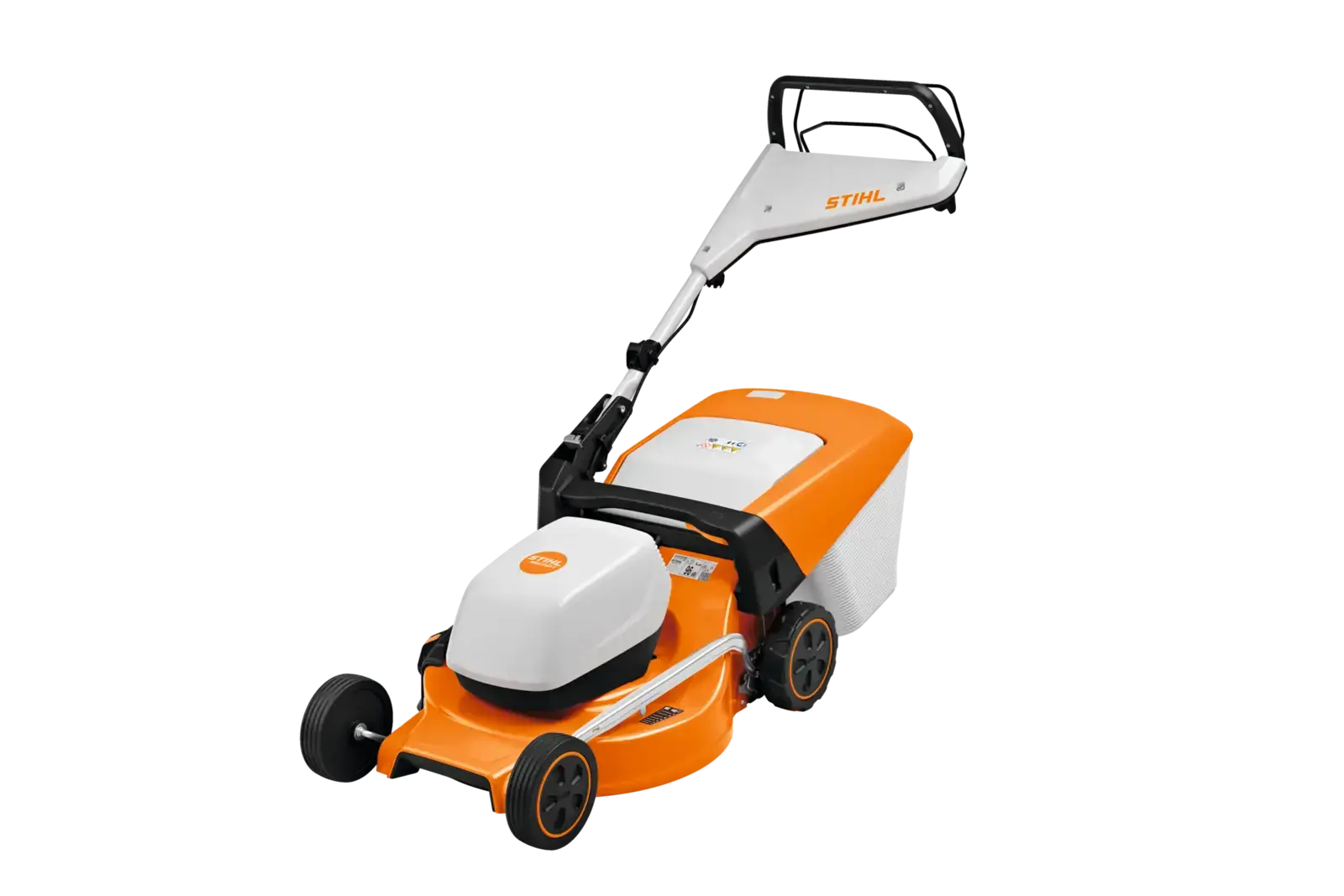 STIHL RMA 253 T Akku-Rasenmäher, orange und weiß, mit Grasfangkorb und Radantrieb, vor schwarzem Hintergrund.
