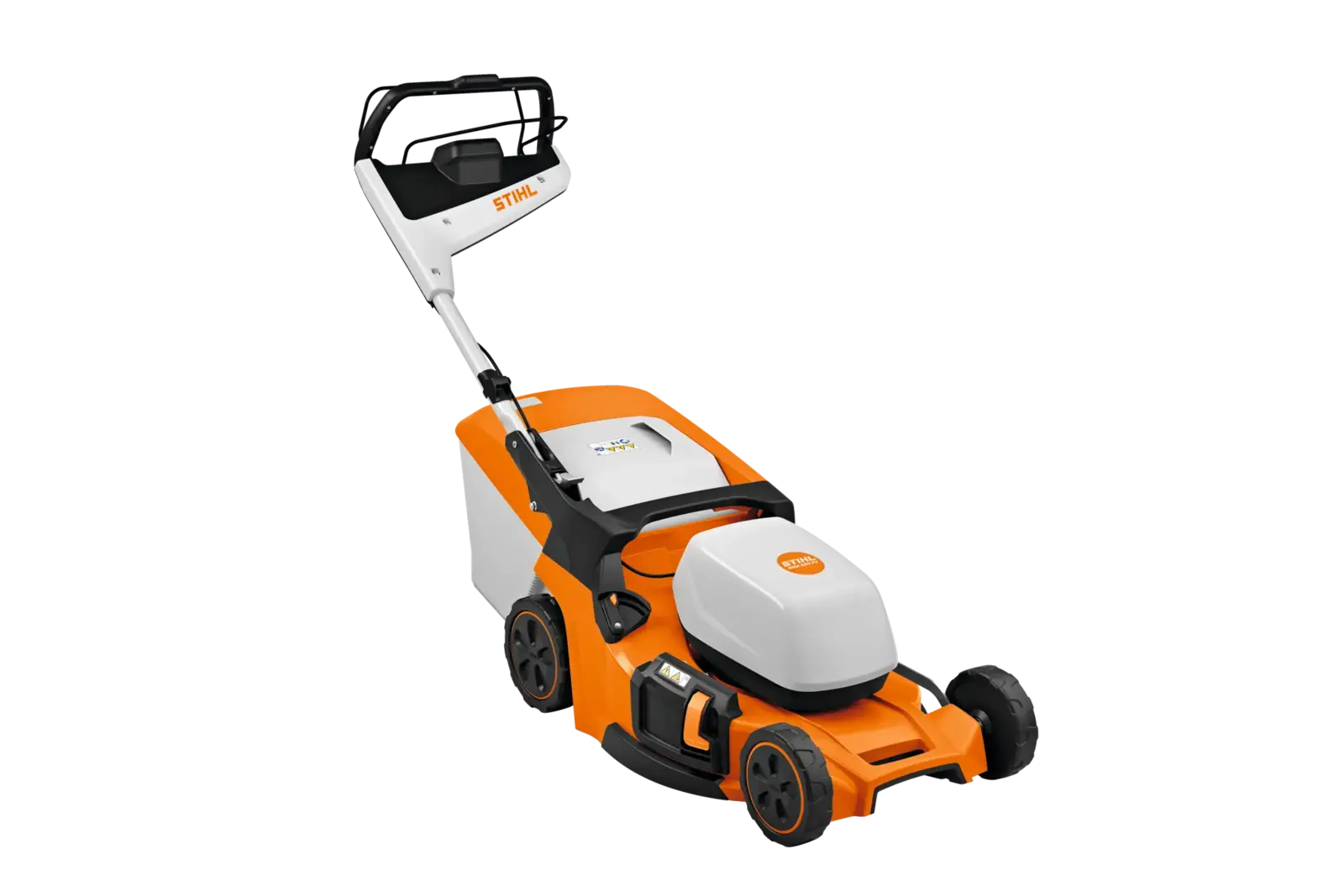 STIHL RMA 453 PV Akku-Rasenmäher in Orange und Weiß, perspektivische Ansicht. Modernes Design, für Rasenpflege ohne Kabel.
