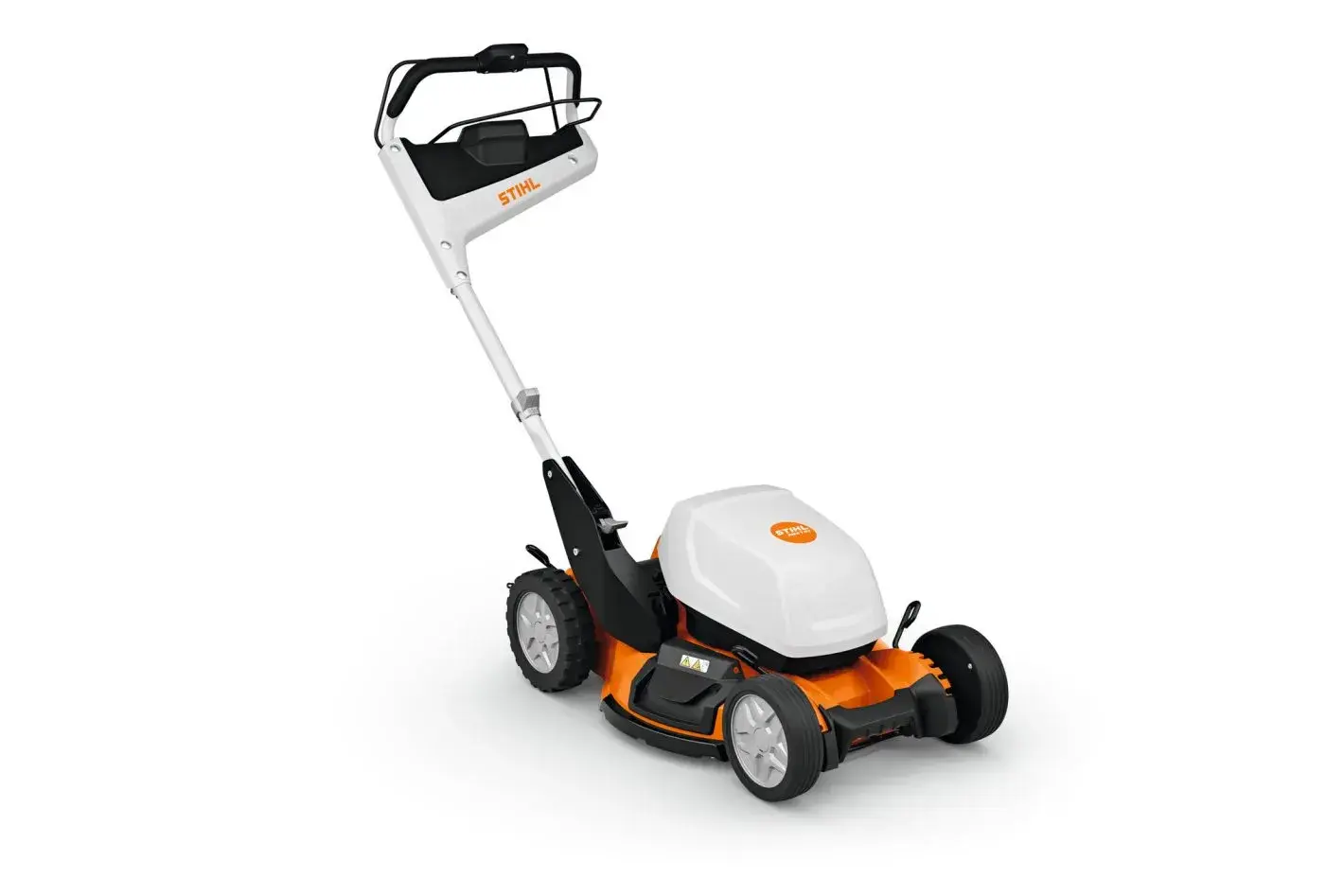 STIHL RMA 7RV Akku-Rasenmäher, orange und weiß, mit Radantrieb. Ideal für Gartenpflege. Nahaufnahme auf weißem Hintergrund.