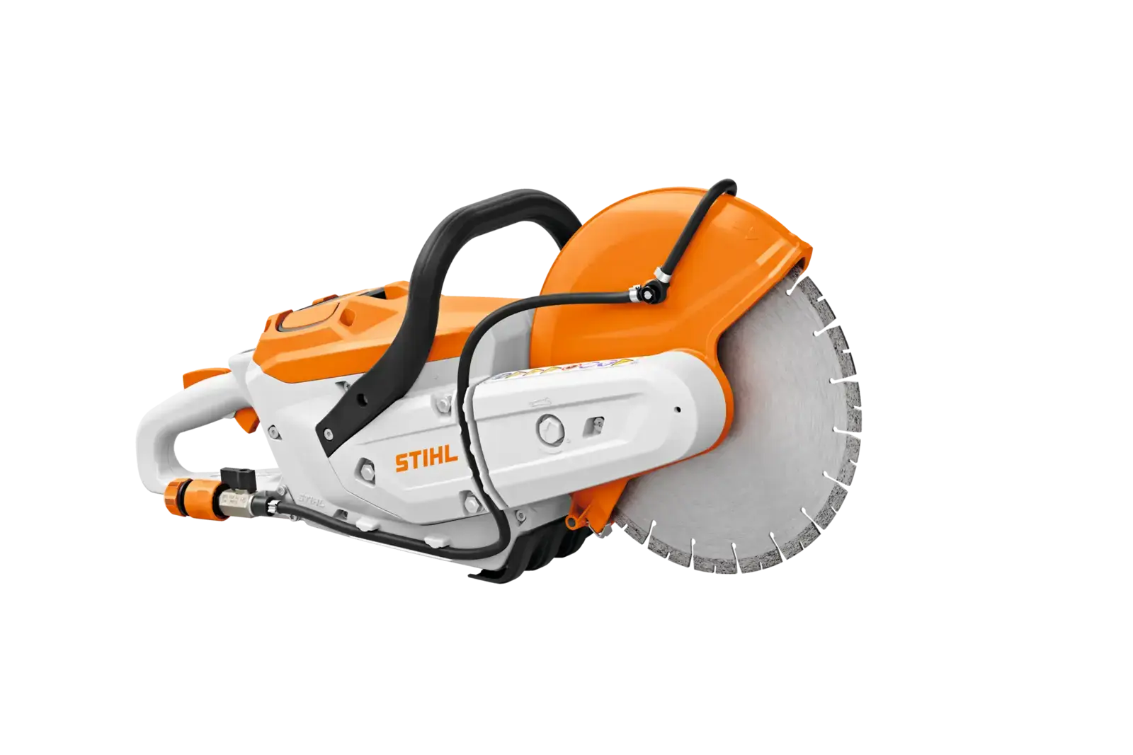 STIHL TSA 300 Akku-Trennschleifer in Orange und Weiß, seitliche Ansicht. Werkzeug zum Trennen von Stein und Beton.