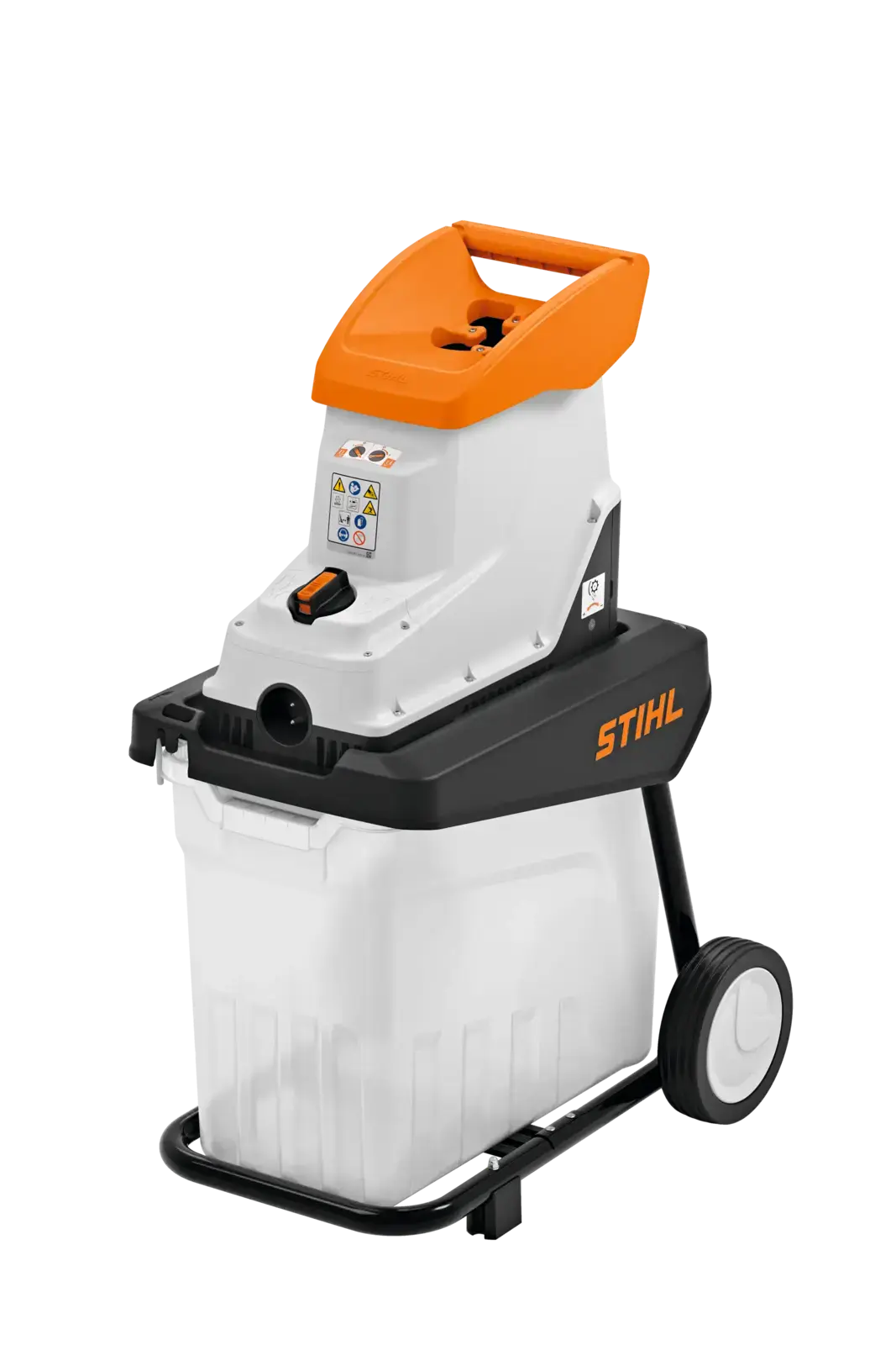 STIHL GHE 140 L Elektro-Häcksler mit Einfülltrichter und Fangkorb, stehend auf Rädern. Gartenhäcksler für den privaten Gebrauch.