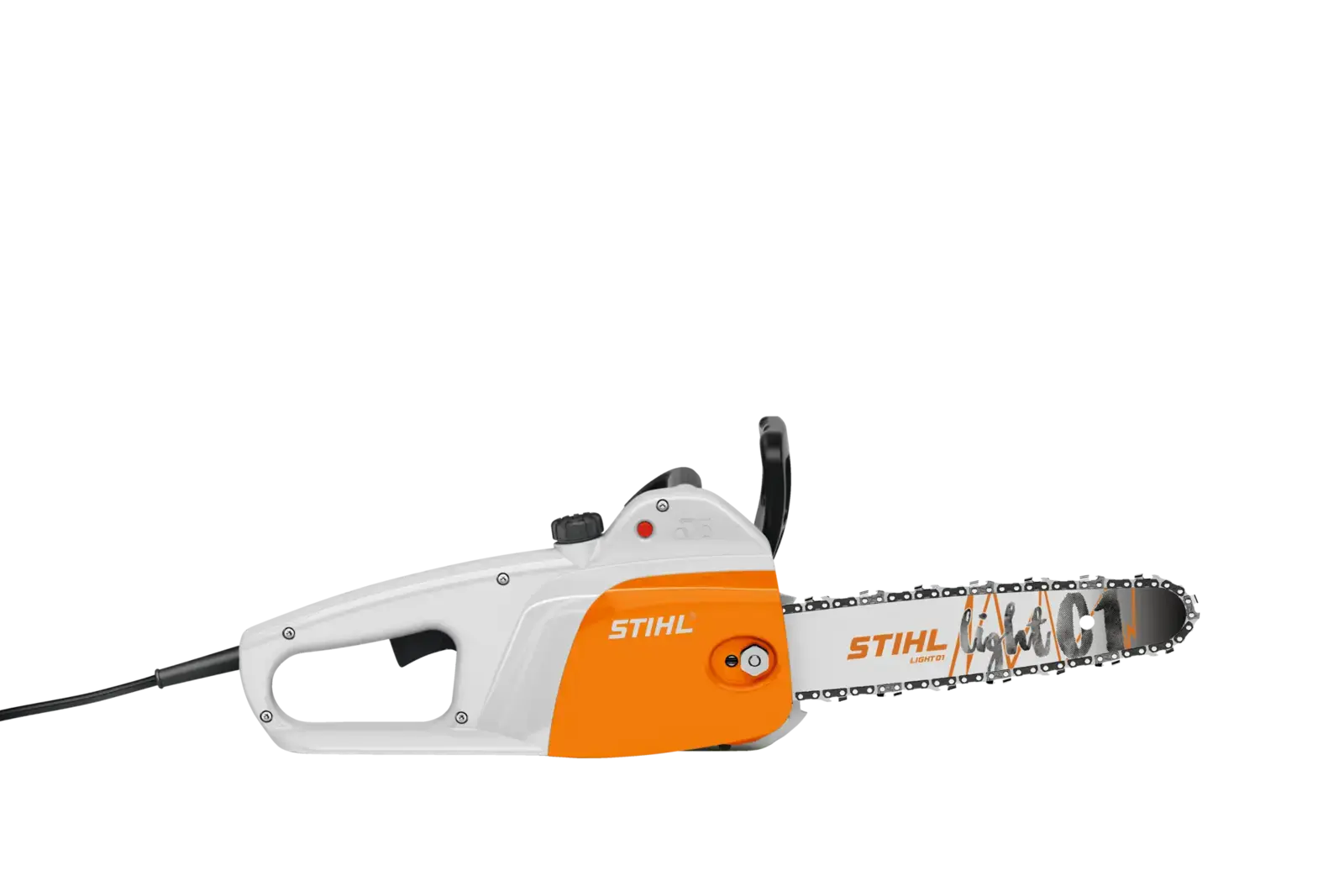 STIHL MSE 141 C-Q Elektro Kettensäge, weiße und orangefarbene Maschine mit gut sichtbarer Kette, seitliche Ansicht.