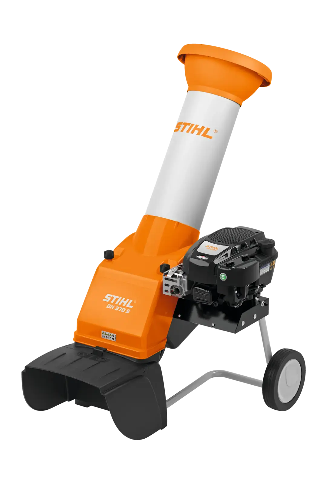 STIHL GH 370 S Gartenhäcksler, orange-weiß, mit Einfülltrichter und Motor, zur Zerkleinerung von Gartenabfällen.