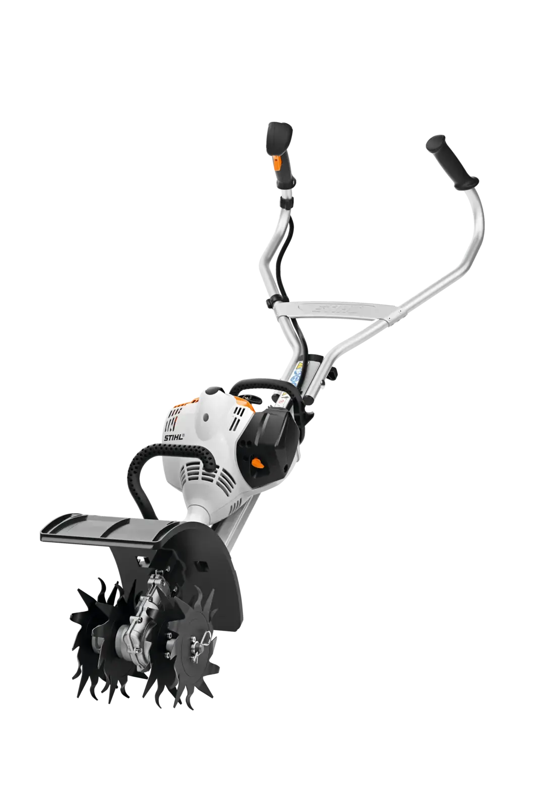 STIHL MM 56 MultiMotor mit Gartenfräse. Weißes Gehäuse, schwarze Fräsmesser, schwarze Bedienelemente. Gartenwerkzeug für Bodenbearbeitung.
