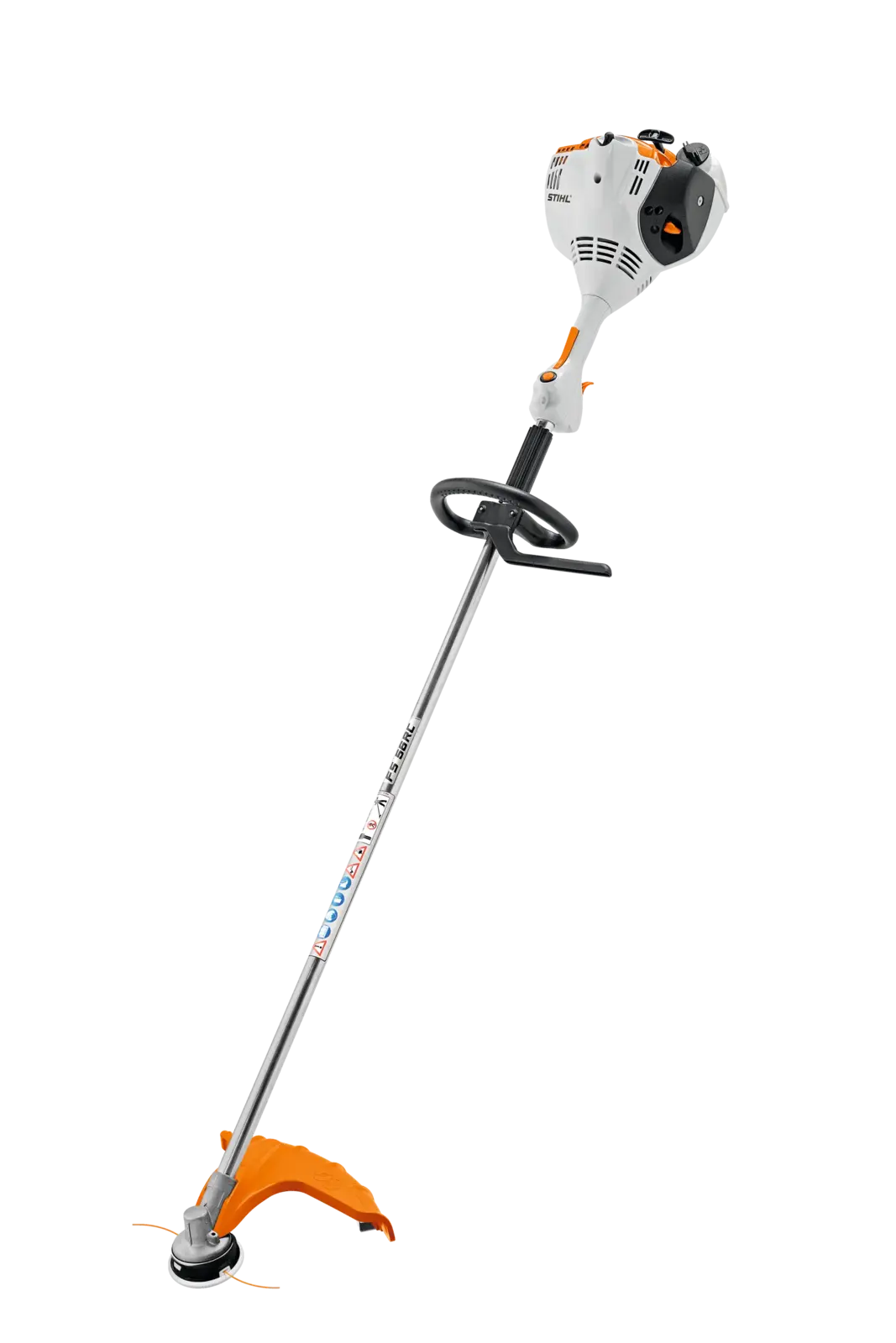 STIHL FS 56 R Motorsense, ein Gartengerät für Rasenpflege und Ausputzarbeiten, mit Rundumgriff, vor schwarzem Hintergrund.