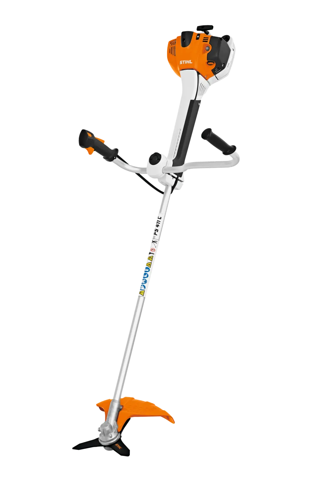 STIHL FS 411 C-EM Freischneider mit Zweihandgriff. Orange Motor, silberner Schaft und schwarzes Schneidwerkzeug. Gartengerät für Profis.