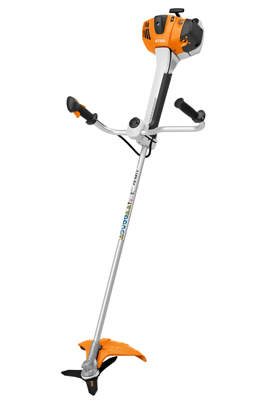 STIHL FS 491 C-EM Freischneider im Detail, orange und weiß, für Rasenpflege und Gartenarbeit, mit schwarzem Hintergrund.