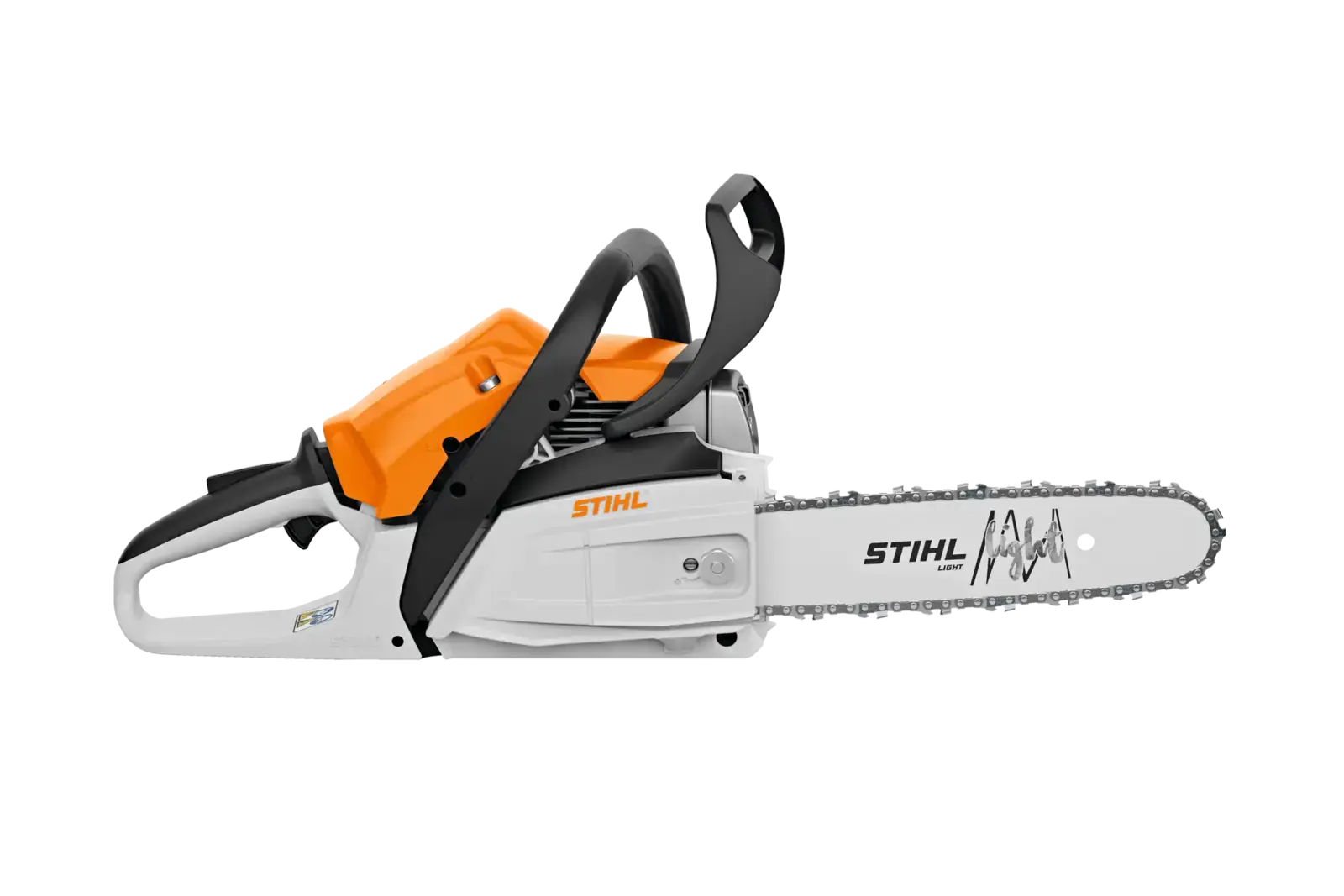 STIHL MS 162 Motorsäge, Seitenansicht, orangefarbenes Gehäuse, weiße Kette, schwarzer Griff, vor schwarzem Hintergrund.