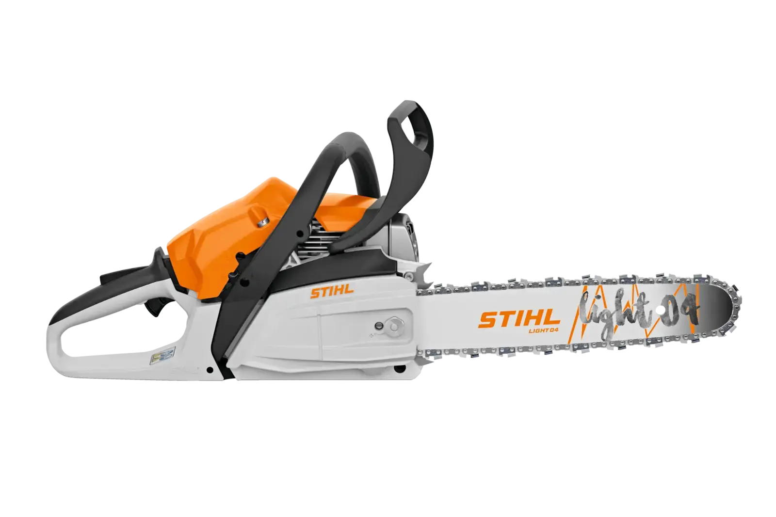 Eine STIHL MS 212 Motorsäge, seitlich dargestellt. Orange Akzentteile und die Aufschrift 'light 04' auf der Schwertseite sind sichtbar.