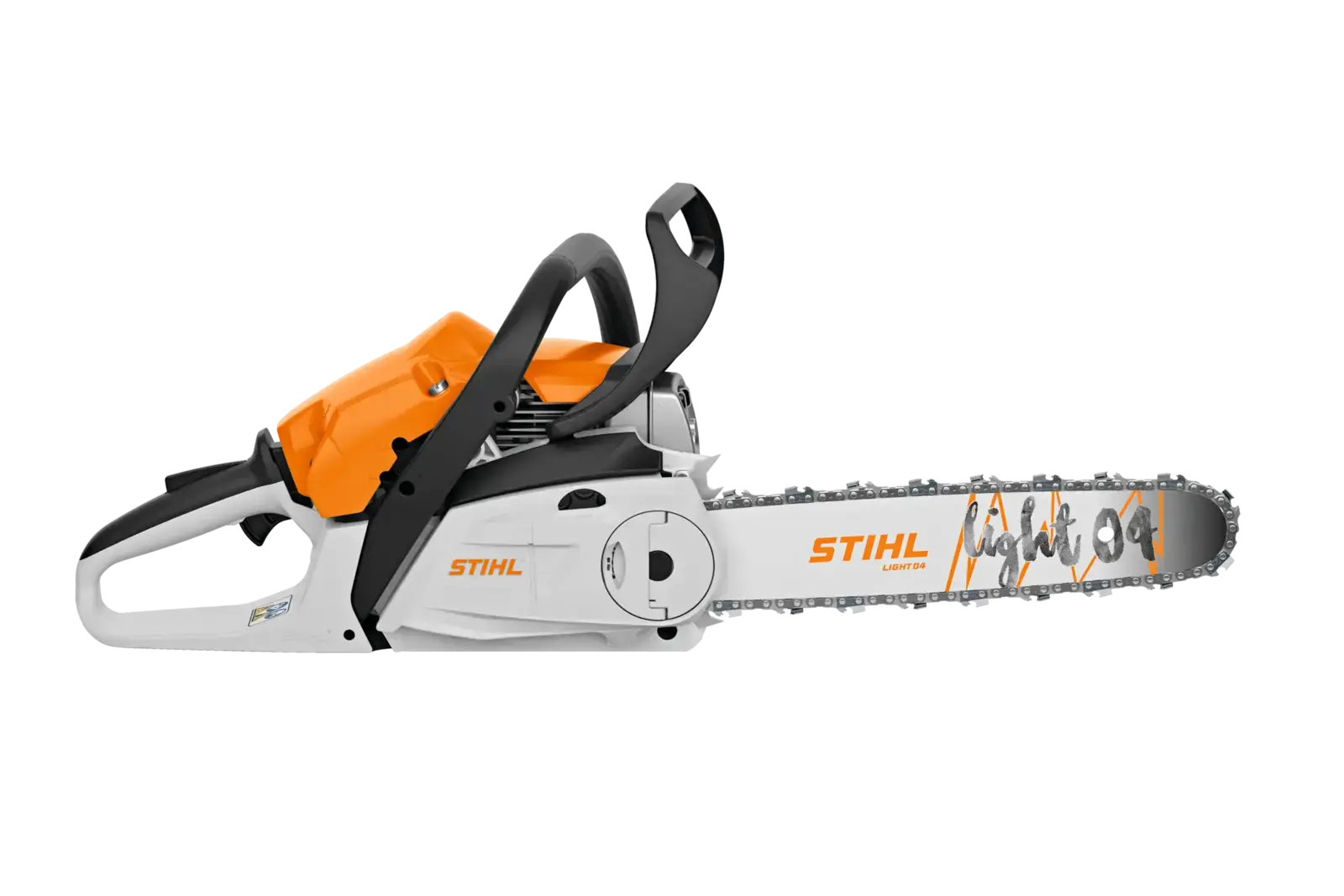 STIHL MS 212 C-BE Motorsäge in Orange, Weiß und Schwarz. Seitenansicht. Mit ErgoStart und Kettenschnellspannung.