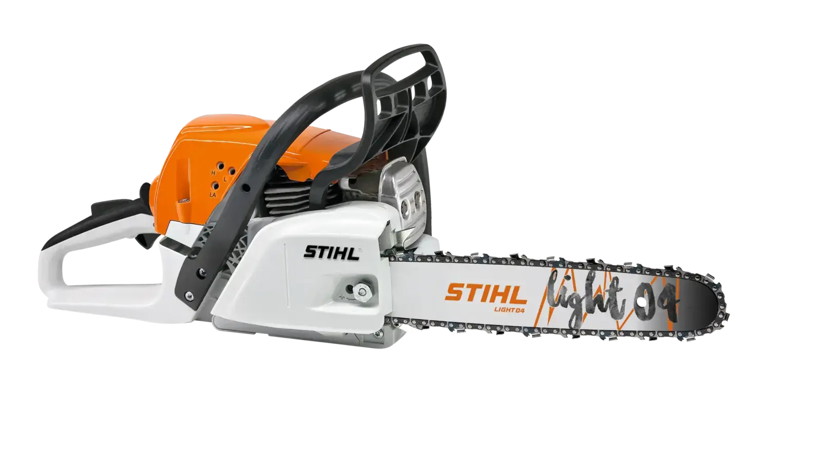 STIHL MS 251 Motorsäge, seitliche Ansicht. Orange und weiße Farbtöne, ausgestattet mit einer Light 04 Führungsschiene.