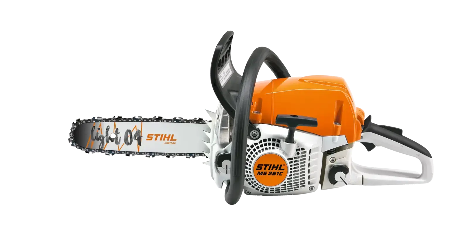 STIHL MS 251 C-BE Motorsäge, orange-weiß, mit Light 04 Schneidgarnitur, seitliche Ansicht auf schwarzem Hintergrund.
