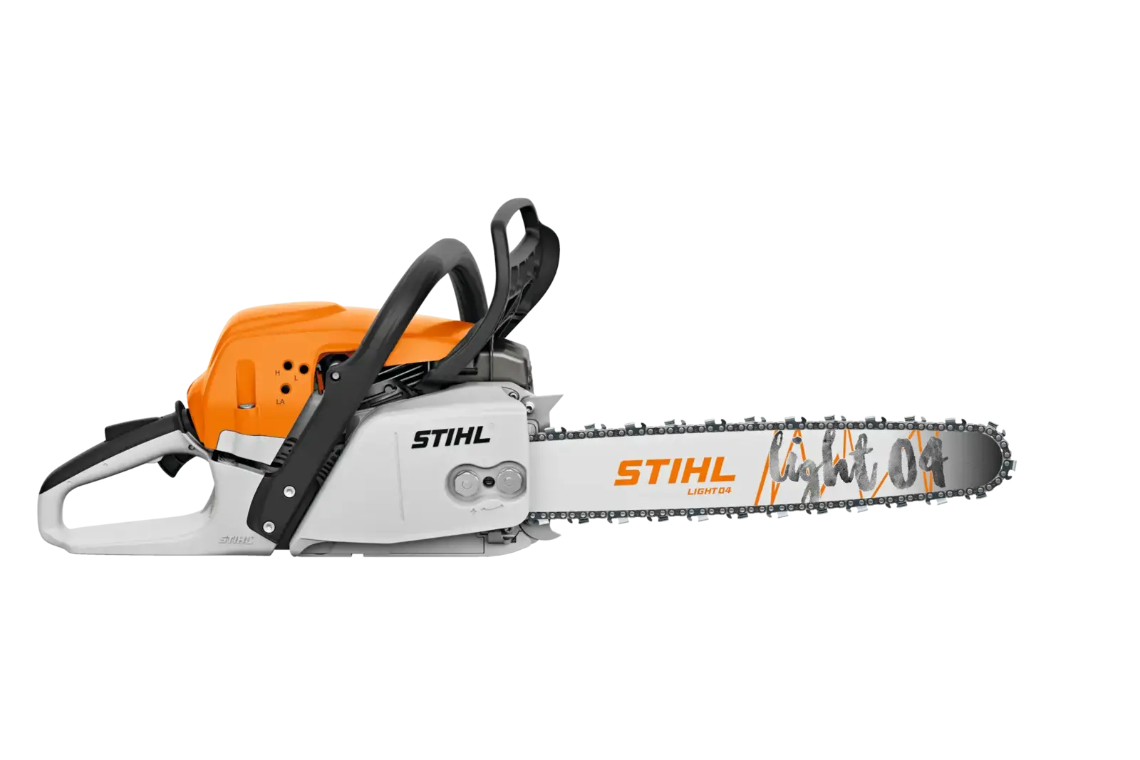 STIHL MS 271 Motorsäge in Orange und Weiß, seitliche Ansicht, Kettensäge mit Light 04 Schwert für Forstarbeiten.