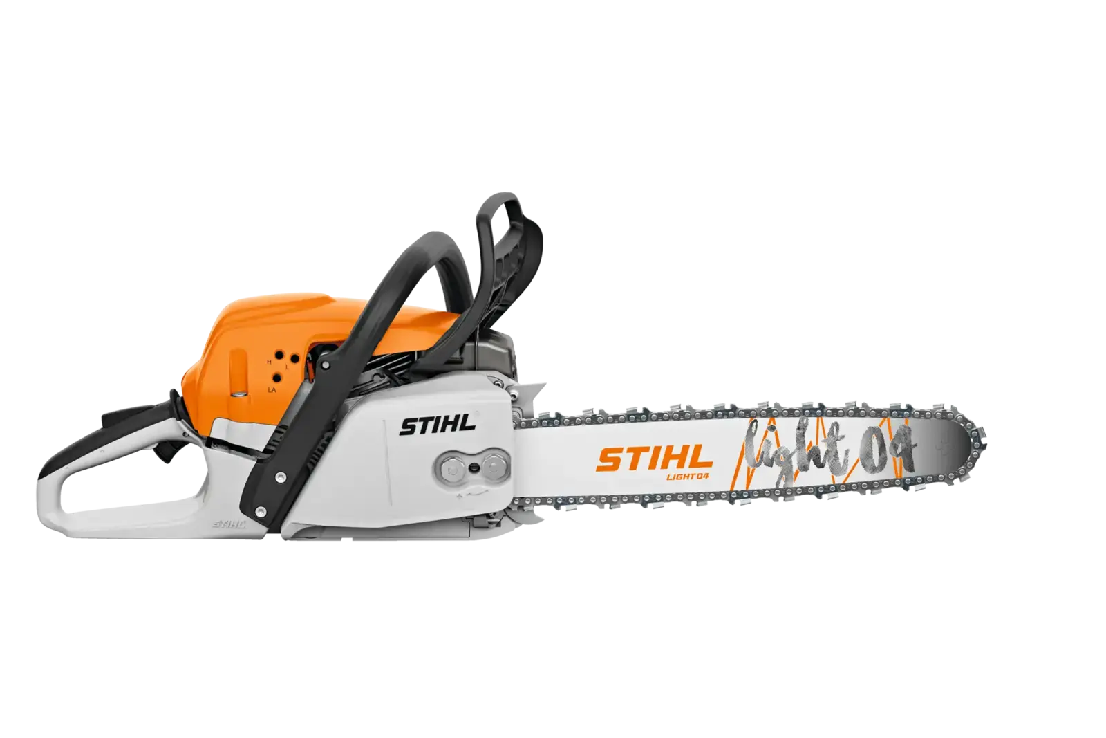 STIHL MS 291 Motorsäge in Orange und Weiß auf schwarzem Hintergrund, seitliche Ansicht mit Kettensägeblatt.