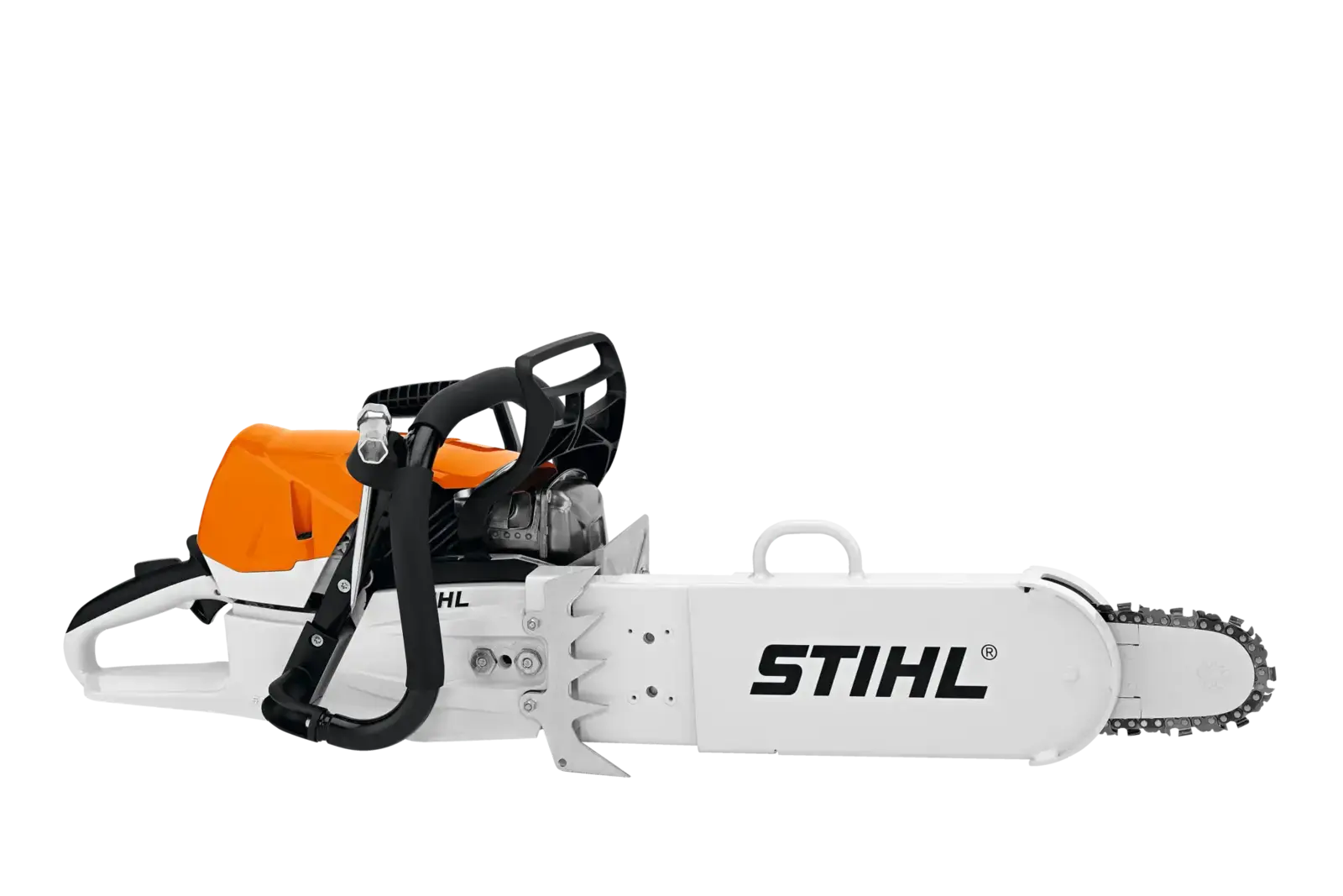 STIHL MS 462 C-MR Motorsäge, eine professionelle Kettensäge in orange und weiß mit Kettenschutz, Seitenansicht.