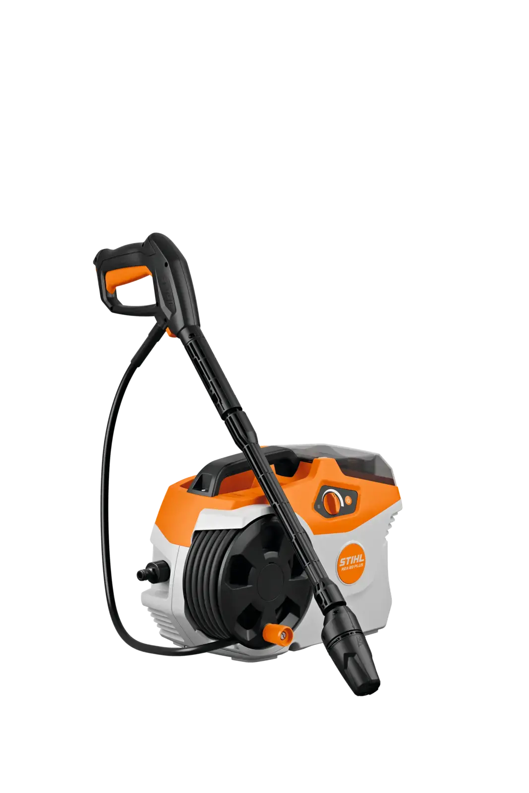 STIHL Hochdruckreiniger REA 60 PLUS mit Pistole und Schlauchtrommel, orange und weiß, vor schwarzem Hintergrund.