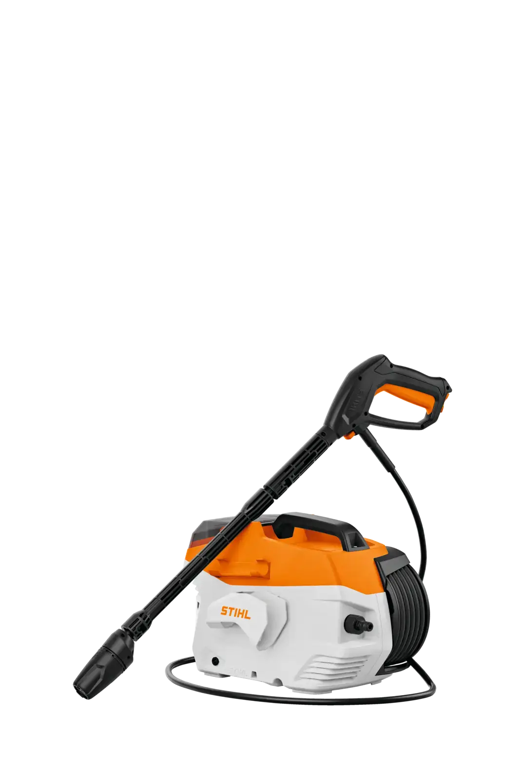 STIHL REA 100 PLUS Hochdruckreiniger, orange-weiß, mit Spritzlanze und Schlauchtrommel, auf schwarzem Hintergrund.