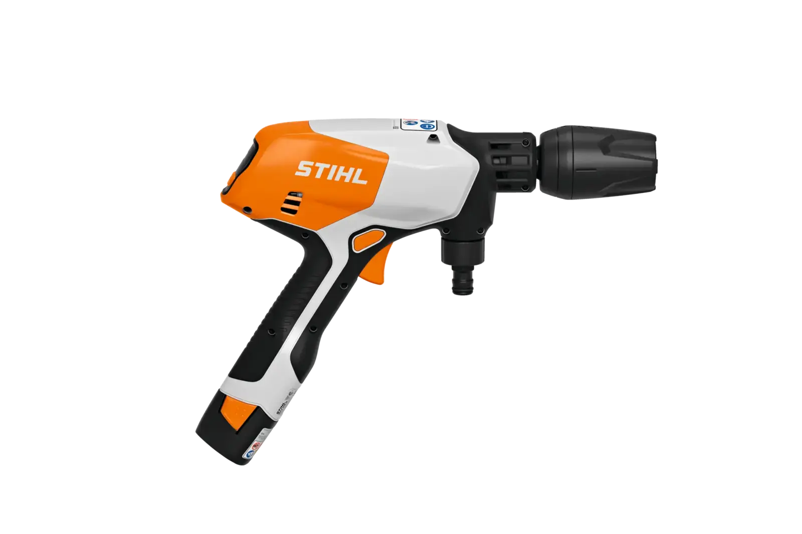 STIHL RCA 20 Akku-Reinigungsgerät in Orange, Weiß und Schwarz. Draufsicht auf das Gartengerät zur Reinigung mit Akku.