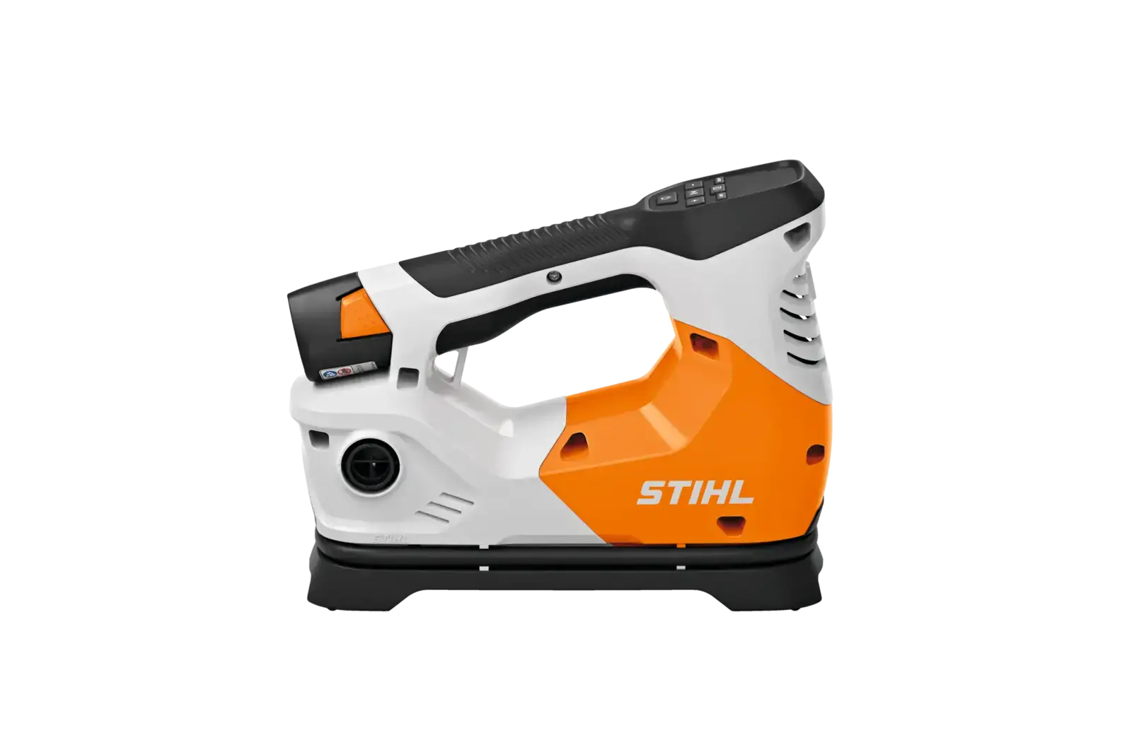STIHL Akku-Kompaktlüfter Venturi KOA 20 in Weiß und Orange, Seitenansicht. Ein handliches Blasgerät für den Hausgebrauch.