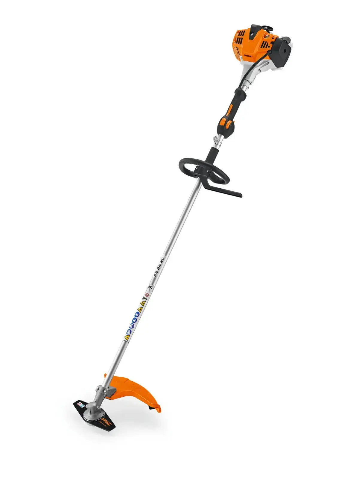 STIHL FS 94 RC-E Freischneider, Motorsense in Orange und Silber, mit rundem Griff und Schutzvorrichtung.