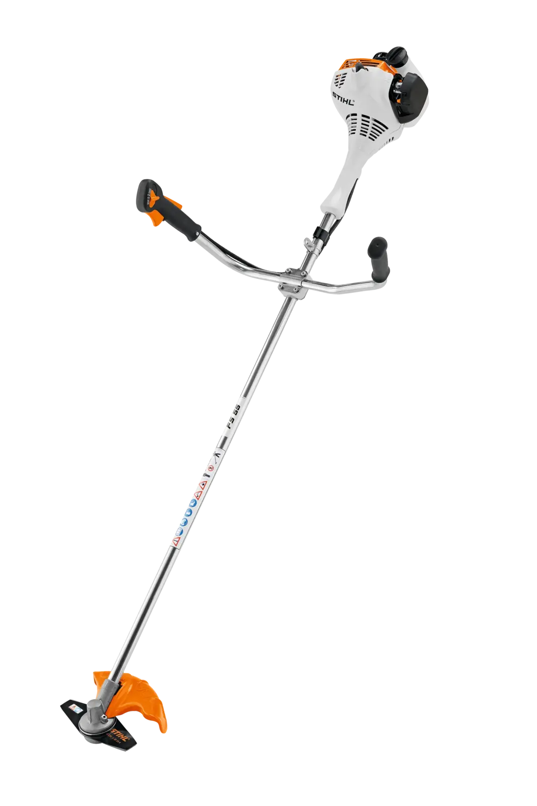 STIHL FS 55 Freischneider, ein Gartengerät mit gebogenem Schaft und orangefarbenen Elementen, stehend vor schwarzem Hintergrund.