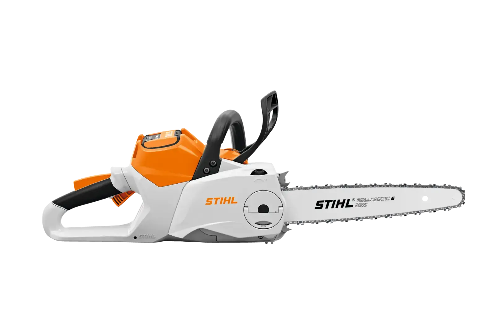 STIHL MSA 200 C-B Akku-Motorsäge, seitliche Ansicht auf schwarzem Hintergrund. Orange und weiße Farbakzente.