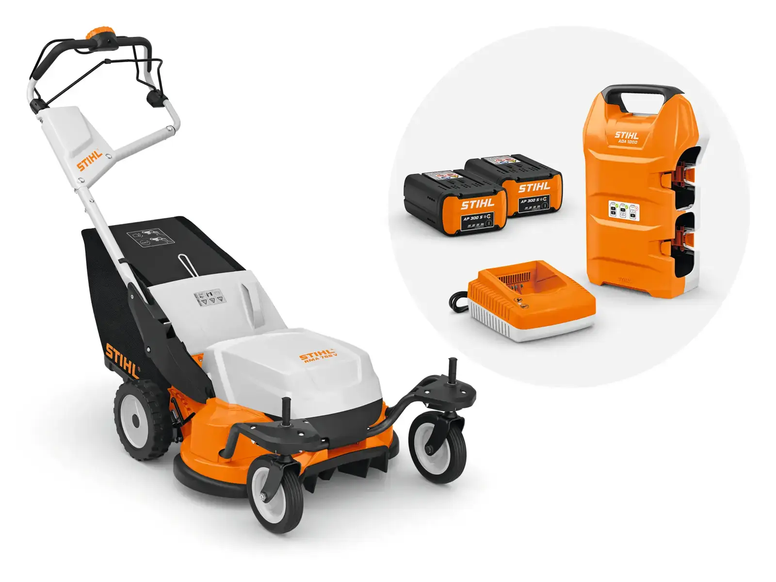 STIHL RMA 765 V Akku-Rasenmäher Set mit Akkus AP 300 S, Ladegerät und Transportbox ADA 1000 für kabelloses Rasenmähen.